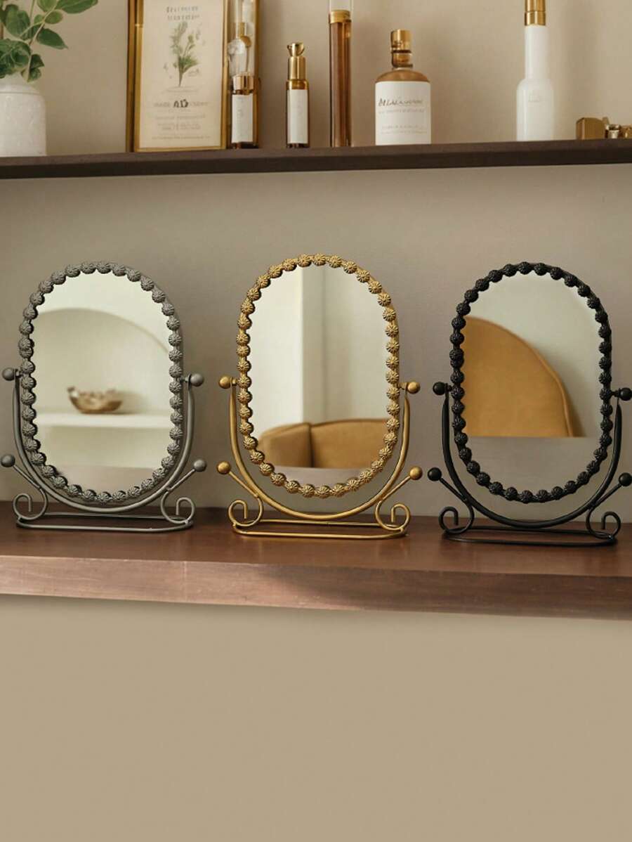 1 Vanity Mirror, Home Bedroom Desktop Vanity Mirror, Creative Wrought Iron Makeup Mirror, Reversible Makeup Mirror, Perfect Gift For Bedroom Or Travel, Students, Mothers, Friends