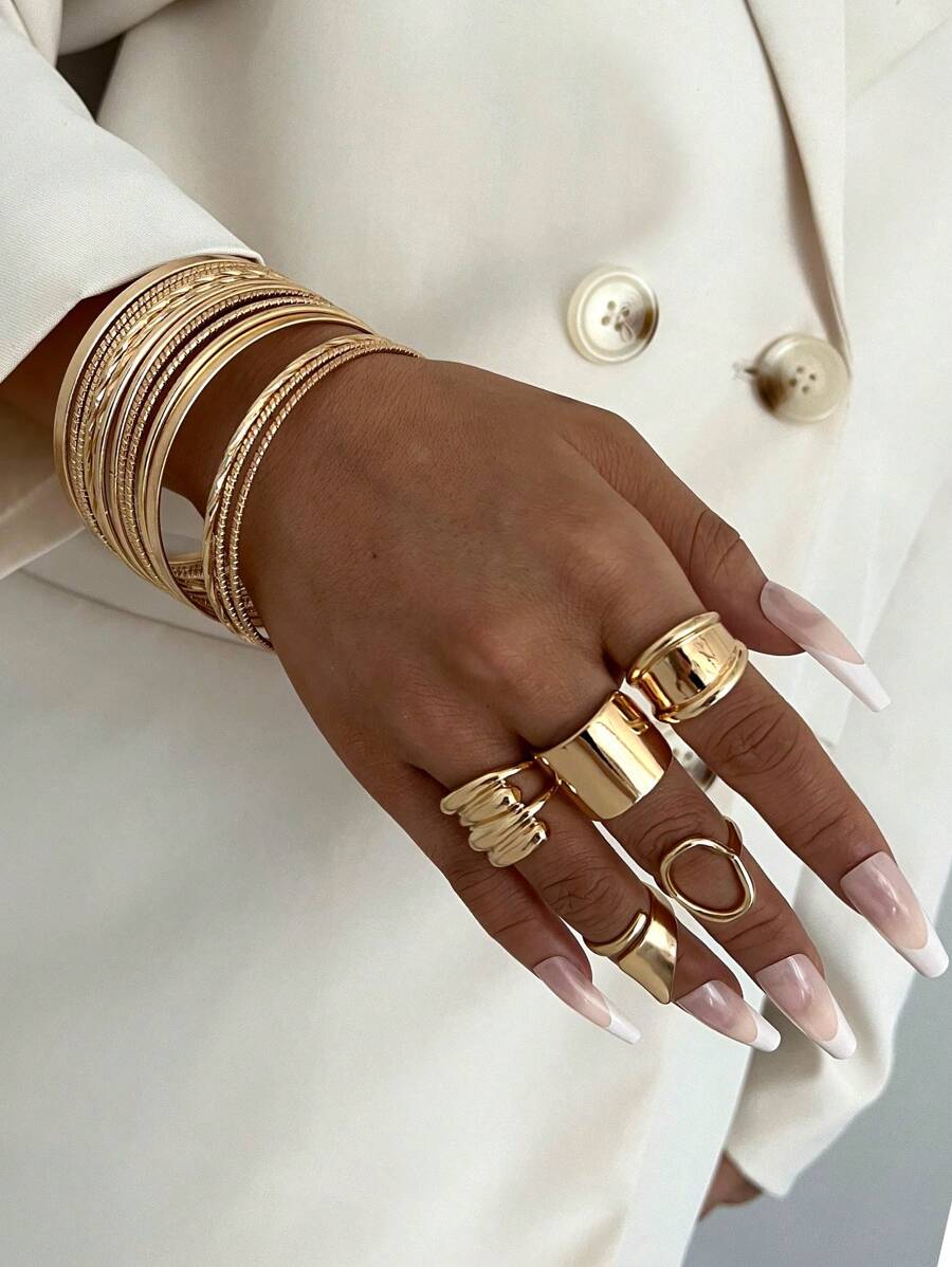 19pcs/2sets Elegant, Glamorous, Bracelet + Ring Jewelry Set For Women, Includes Smooth Metal Bangle & Wide Geometric Open Rings, Gold Tone, Versatile For Daily/Party Wear