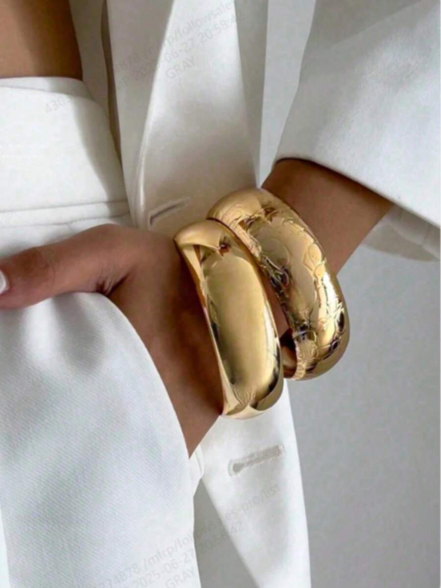 2pcs/Set Exaggerated Metal Pattern Drum Face Bangles, Vintage Minimalist Casual Party Couple Jewelry Thick Bracelet Set Gift