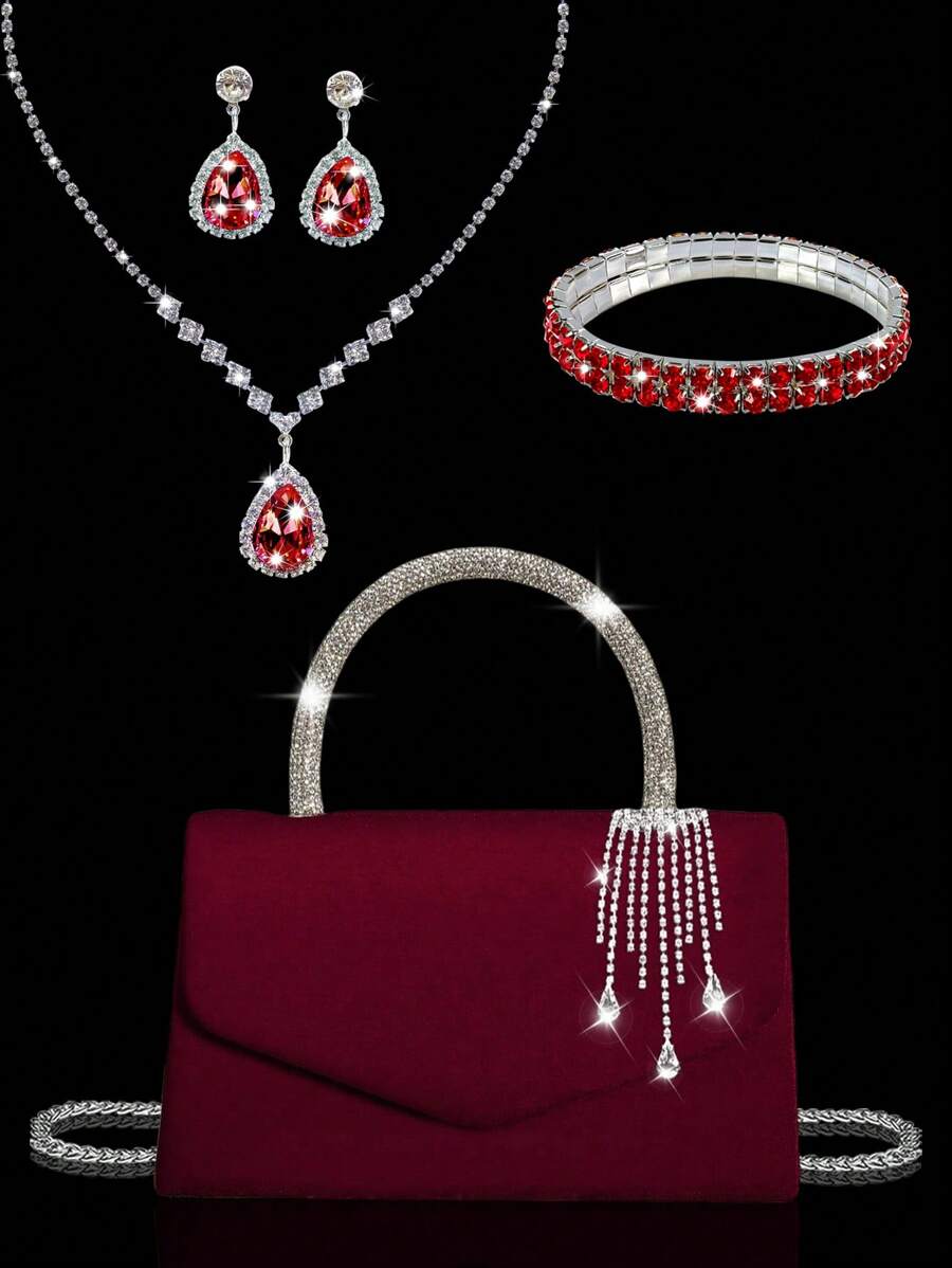 Nuevo bolso de noche elegante y de moda, bolso de fiesta brillante con rhinestones, bolso de mujer con colgante de rhinestones exquisito, set de 3 piezas con collar, aretes y pulsera de rhinestones brillantes, adecuado para fiestas, banquetes y bailes