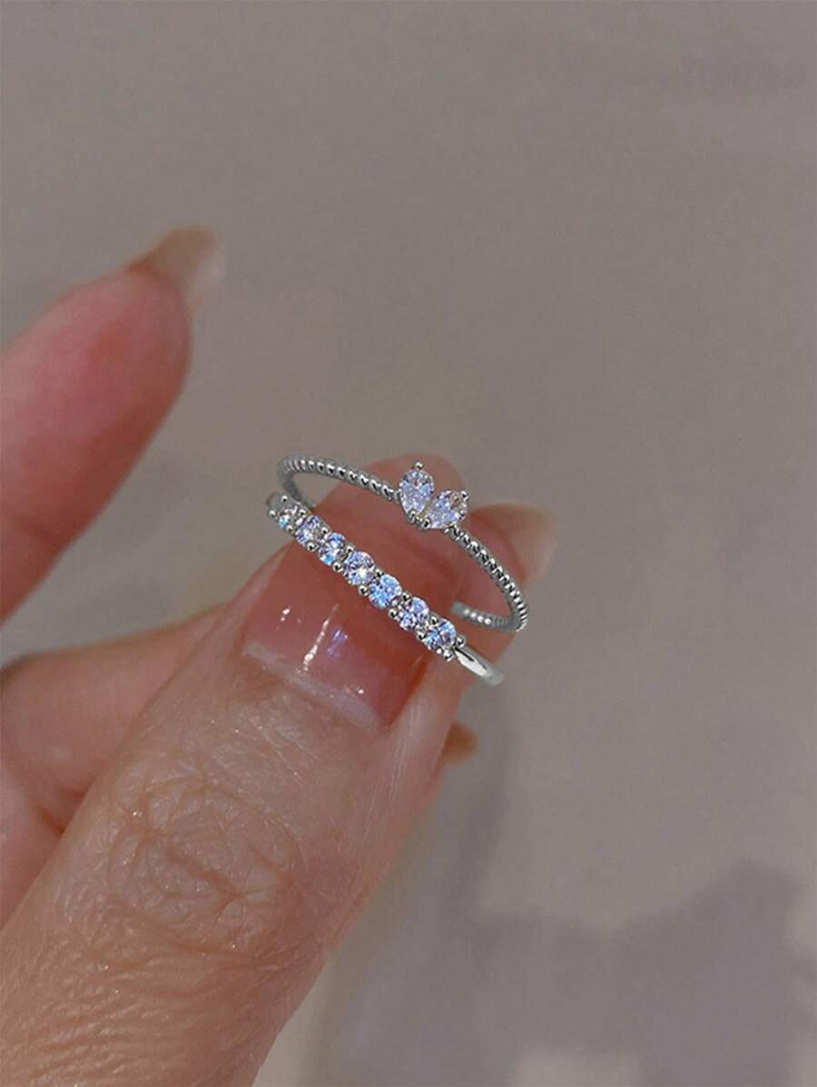 2pcs Women's Adjustable Open Crystal Heart Design Rings, Sweet & Fresh