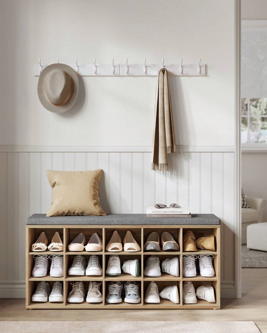 VASAGLE Banc à Chaussures, Meuble d'Entrée, Rangement Chaussures, Assise Rembourrée et 15 Compartiments, Étagère Porte-Chaussures, Capacité de Charge 200 kg, Kaki