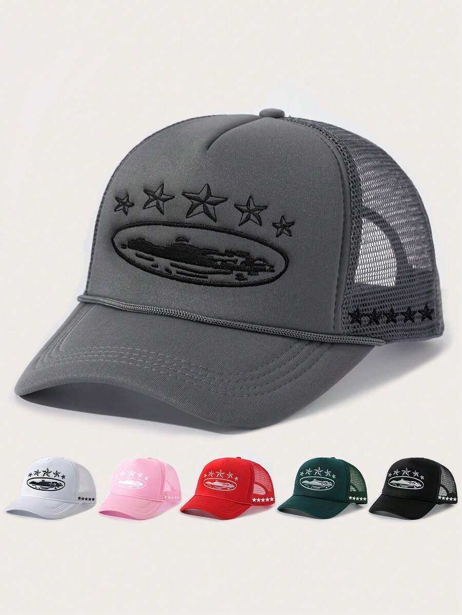 1 pièce Chapeau de soleil en maille avec lacet ajustable, étoile à cinq branches brodée. Convient pour les voyages en extérieur, la plage, le printemps/automne, style unisexe Y2K