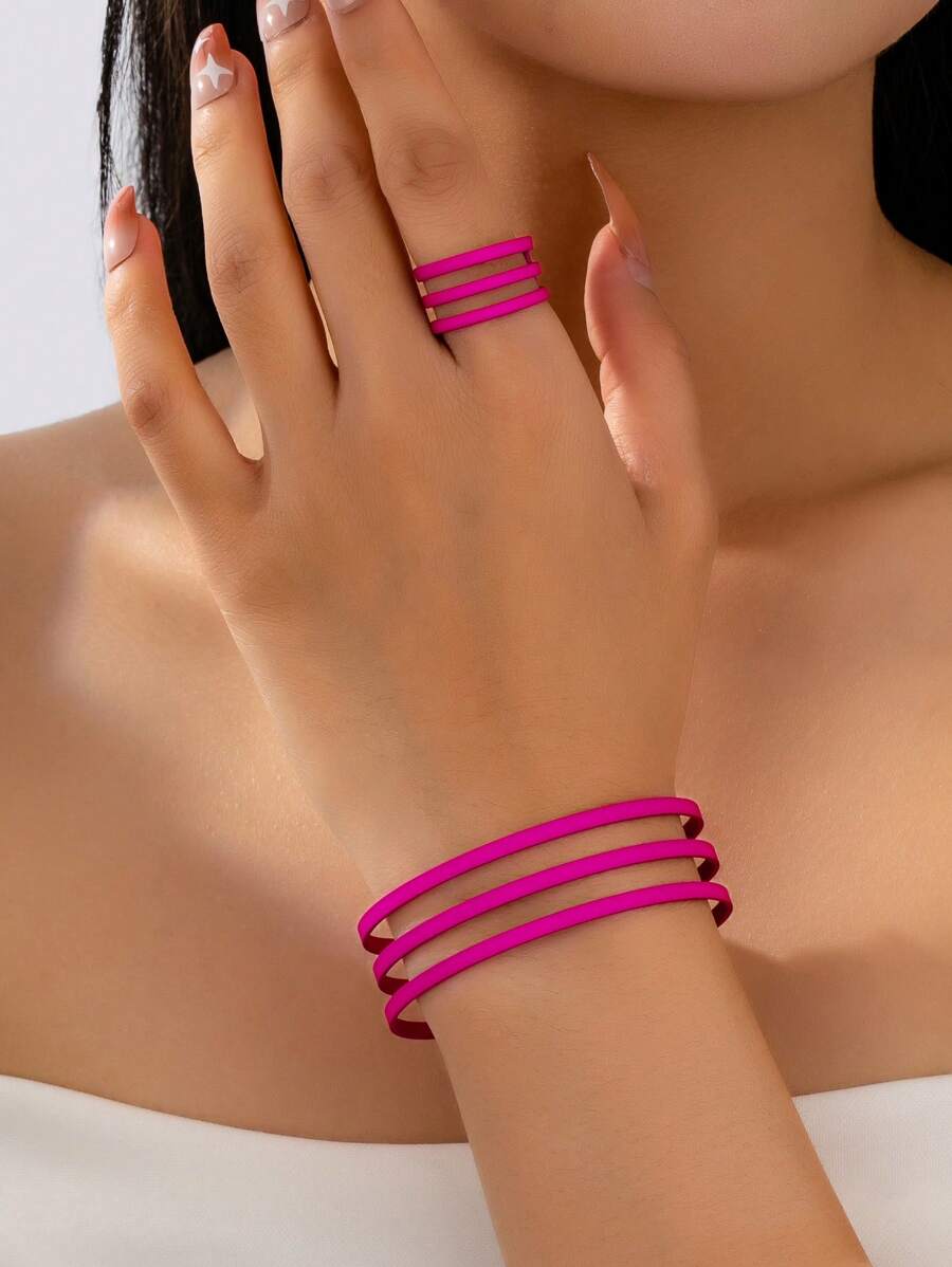 1 set Parure de bijoux personnalisée comprenant un bracelet à ligne creuse en métal et une bague, cadeau pour femmes