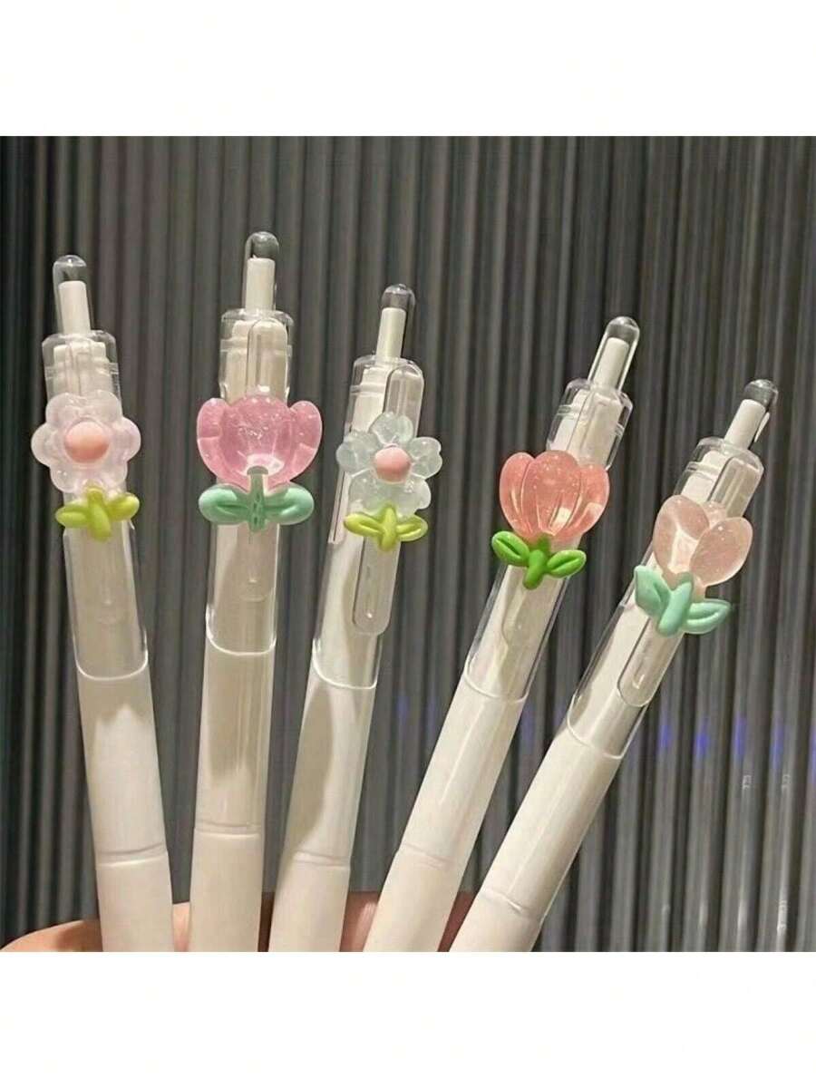 5pcs/Set Lovely Flower Quick Drying Gel Pens. Random Color & Pattern. Clear Bucket Flower Gel Ink Roller Pens - Fine Tip Plastic Pens Ideal For Students, Girls, And Office Use,School Supplies,Back To School