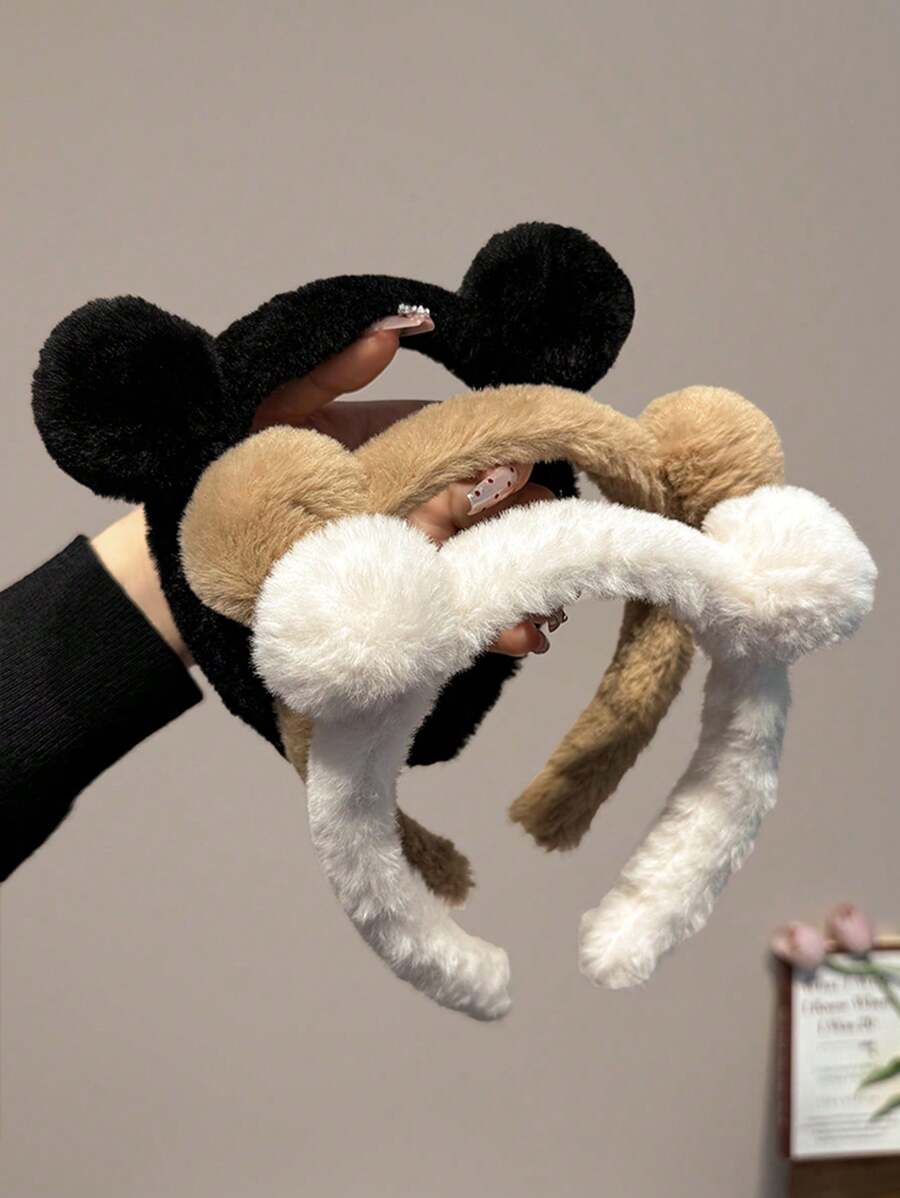 3 Pcs/1 Pc Women Autumn/Winter Plush Cute Bear Headband In White, Black, Khaki, Fashion Versatile High-End Elegant Simple Solid Color Hair Band, Suitable For Daily Outing, Casual, Party, Commute, Vacation, Ponytail, Bun, Washing Face, Makeup, Outfit Accessory, Hairband Headband For Women ,Hair Accessories, Diadema, Hair Hoop