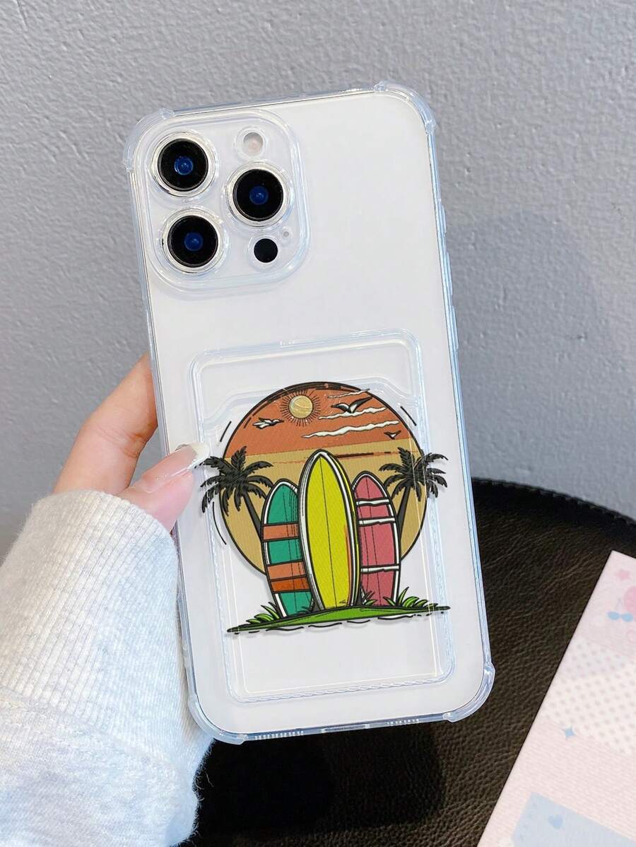 1 pieza Funda de teléfono creativa con tema de playa y océano, con patrones de árbol de coco, sol, nube y monopatín, de material TPU transparente, adecuada como regalo, compatible con iPhone XS/XS Max/XR/11/12/13/14/15/16 Pro/Pro Max/14/15/16 Plus