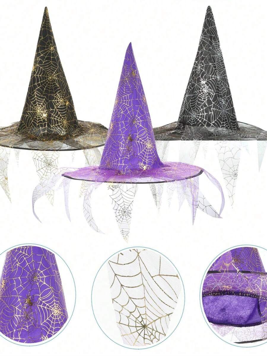 3pcs Spider Web Witch Hats In Purple, Gold And Silver Colors, Gothic Style Wizard Hats For Women, Witch Cosplay Costume For Halloween Home Decor Halloween Decor Fall Decor Room Decor
