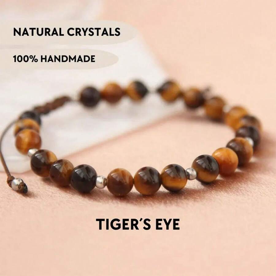 1pc Handmade Adjustable Tiger Eye Beaded Bracelet, Men's Bracelet, Crystal Handmade Jewelry Father's Day Gift Creative Godfather Gift Boyfriend Gift Gemstone Bracelet