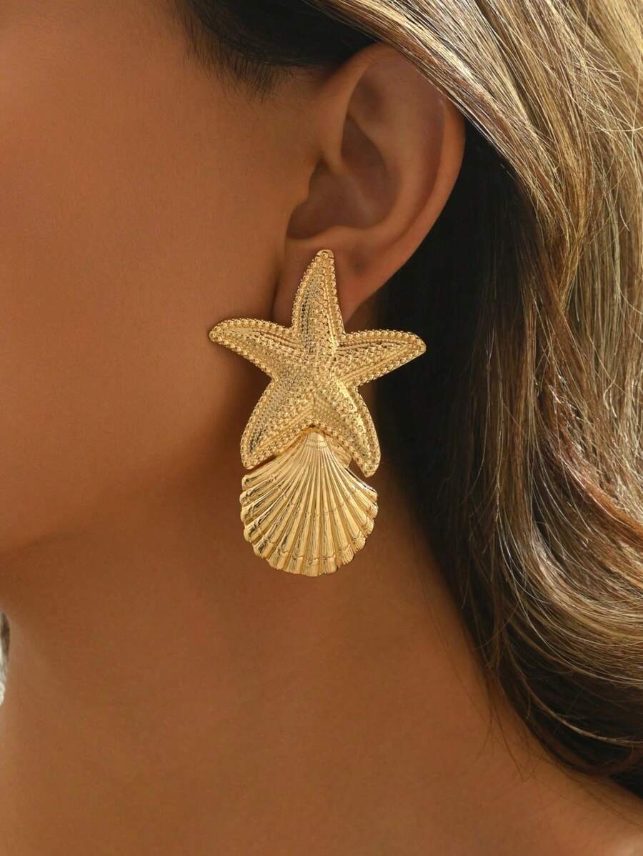 1 Pair Bohemian Exotic Starfish & Shell Texture Earrings, Unique Design, Fashionable & Elegant, Suitable For Women Beach / Holiday Wear