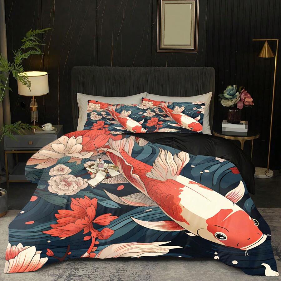 Juego de ropa de cama de 2/3 piezas con estampado de peces koi (1*Funda nórdica + 1/2*Funda de almohada, sin relleno), juego de ropa de cama de estilo oriental, 100% poliéster estampado, funda nórdica suave y cómoda, para habitación, habitación de invitados