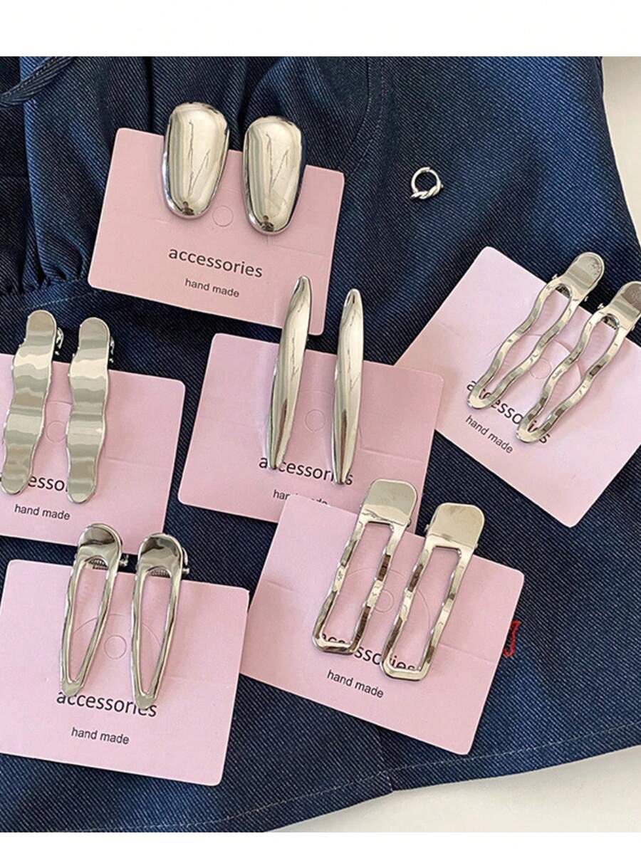 2pcs/Set Korean Ins Style Niche Design Convex Geometric Metal Hair Clips (No Card Included), Claw Clips, Hair Claws, Clips For Hair, Hair Slide, Hair Barrettes, School Stuff