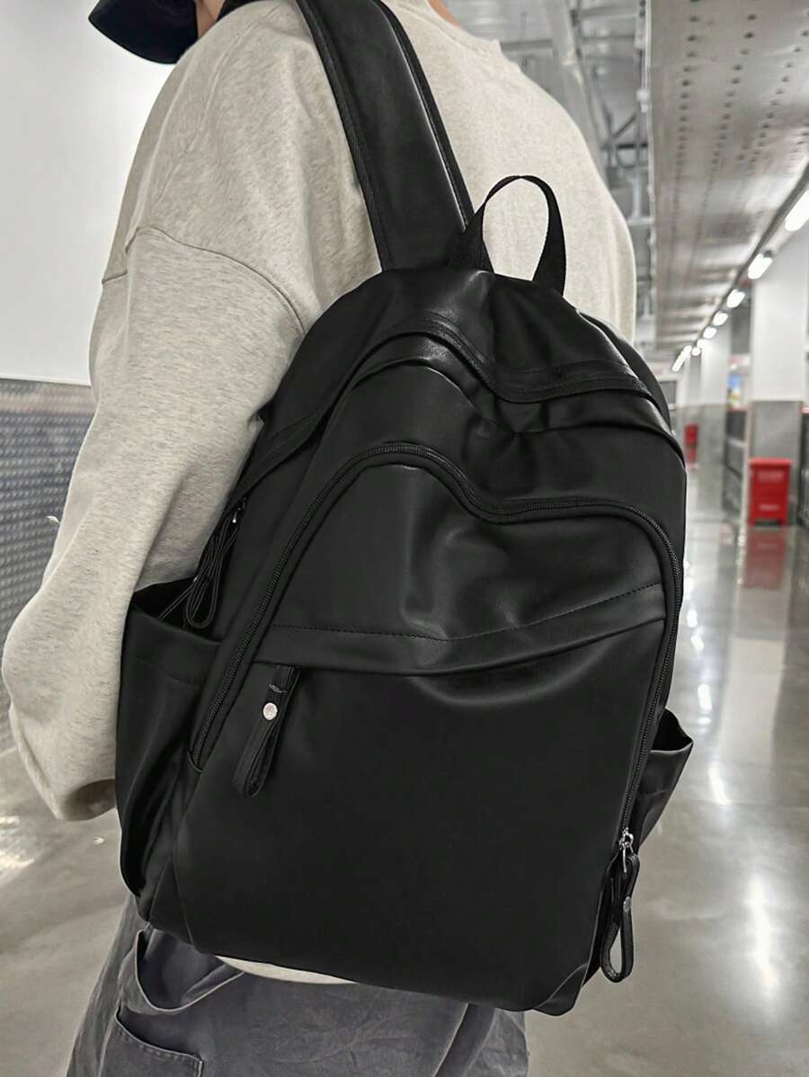 Casual Large Capacity Water-Resistant PU Diagonal Zipper Multi-Pocket Functional Backpack, Unisex School College Student Book Bag, Suitable For School, Classes, Shopping, Travel, Back-To-School Season