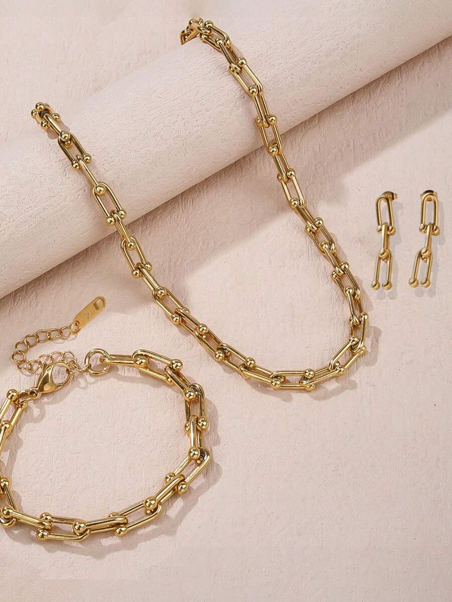 Set de 3 piezas con cadena en forma de U inspirada en la moda de joyería lujosa geométrica, que incluye collar, pulsera y aretes, adecuado para adolescentes/adultos jóvenes, uso diario, vacaciones, viajes, fiestas, como regalo
