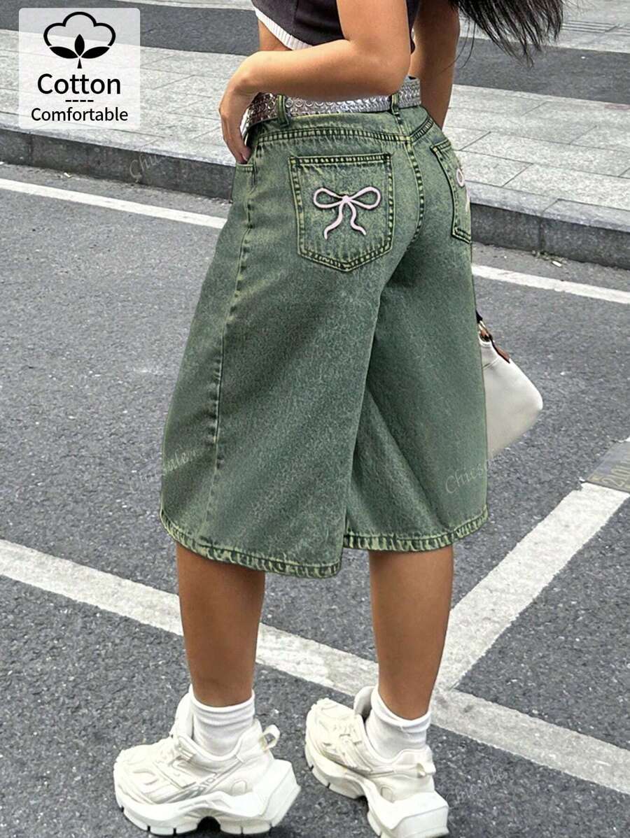 Pantalones vaqueros de mujer de tiro alto y pierna ancha con ajuste holgado, con bolsillos bordados con mariposas