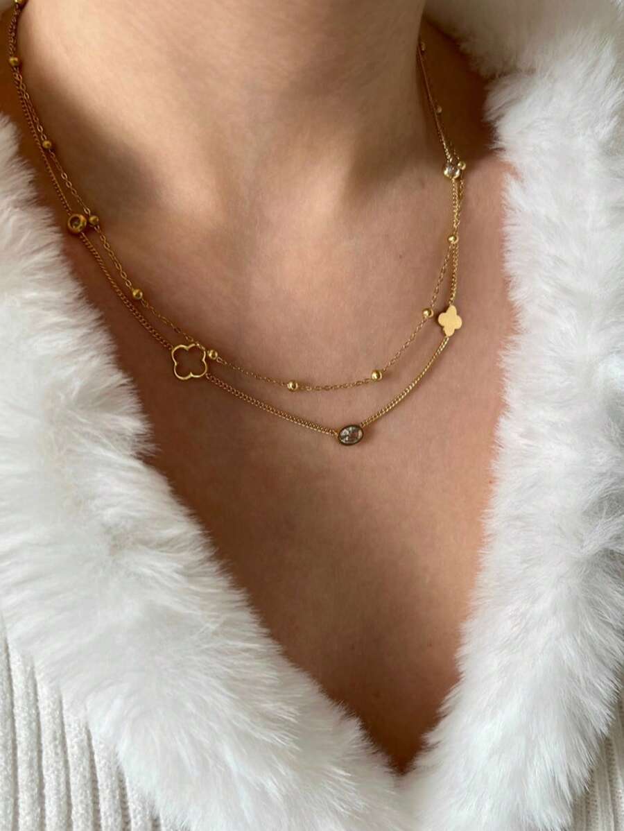 TONSI 1 Stück eleganter, charmanter und luxuriöser, minimalistischer Vintage-Western-Stil hochwertige 18 Karat vergoldete Edelstahl-Zirkonia 4-Blatt-Kleeblatt-Diamant-Mehrschicht-Halskette, geeignet für Sommer, Festival, Reisen, Büro, Alltagskleidung, Partys und Zusammenkünfte
