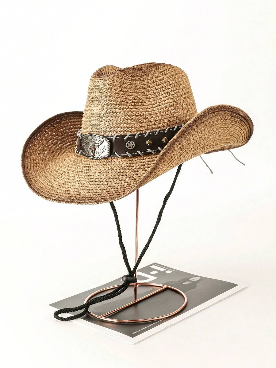 1pc Casual Bull Star Pattern Boho Rivet Bow Straw Sun Hat, Fashionable Versatile Beach Holiday Shade Hat For All Seasons