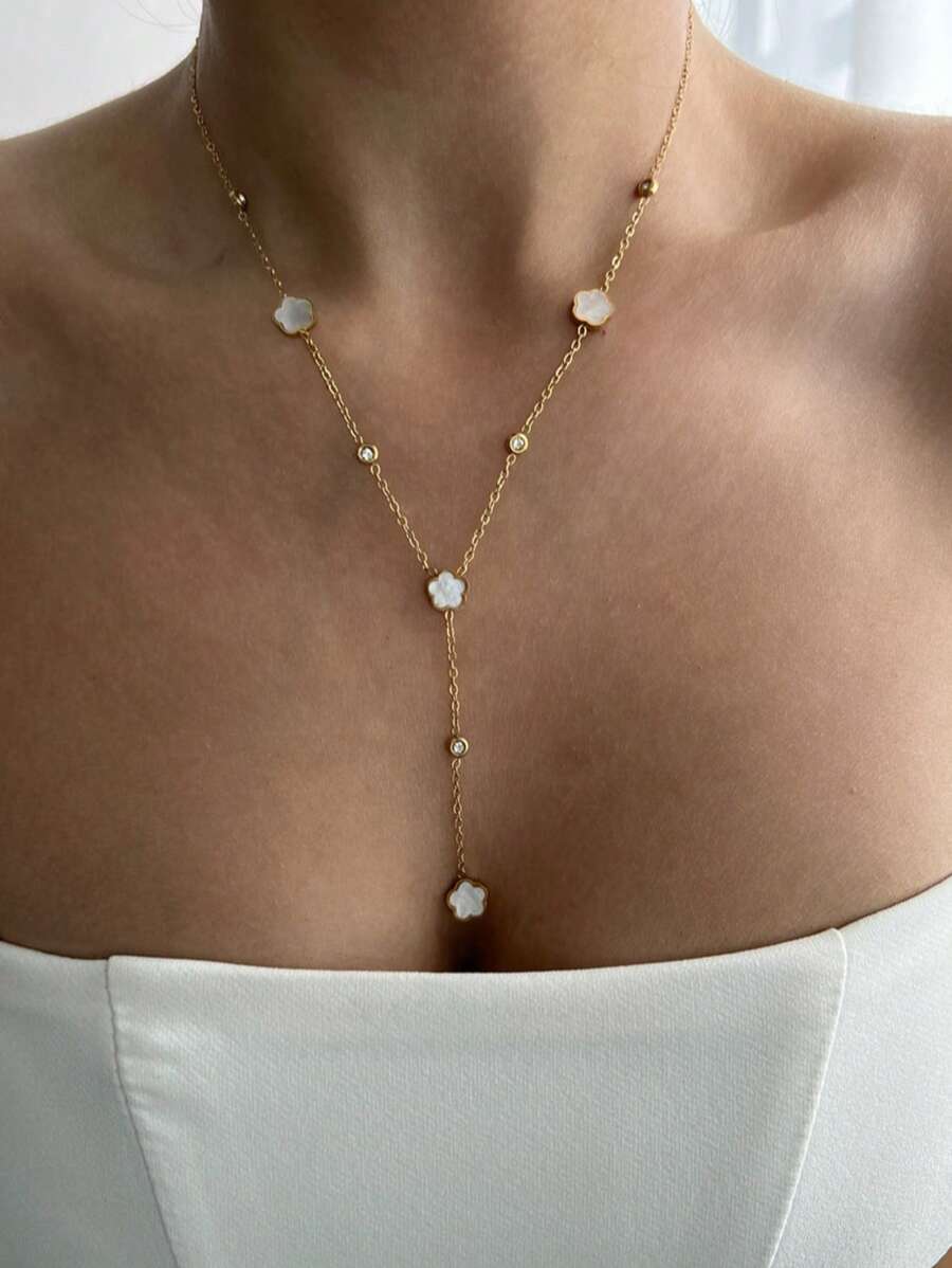 TONSI 1 peça, pingente elegante, exclusivo, luxuoso, vintage, ocidental, minimalista, sofisticado, banhado a ouro 18K, aço inoxidável, zircônia cúbica e madrepérola, colar com pingente de trevo de quatro folhas, adequado para verão, férias, viagens, trabalho, uso diário, festa, joias femininas