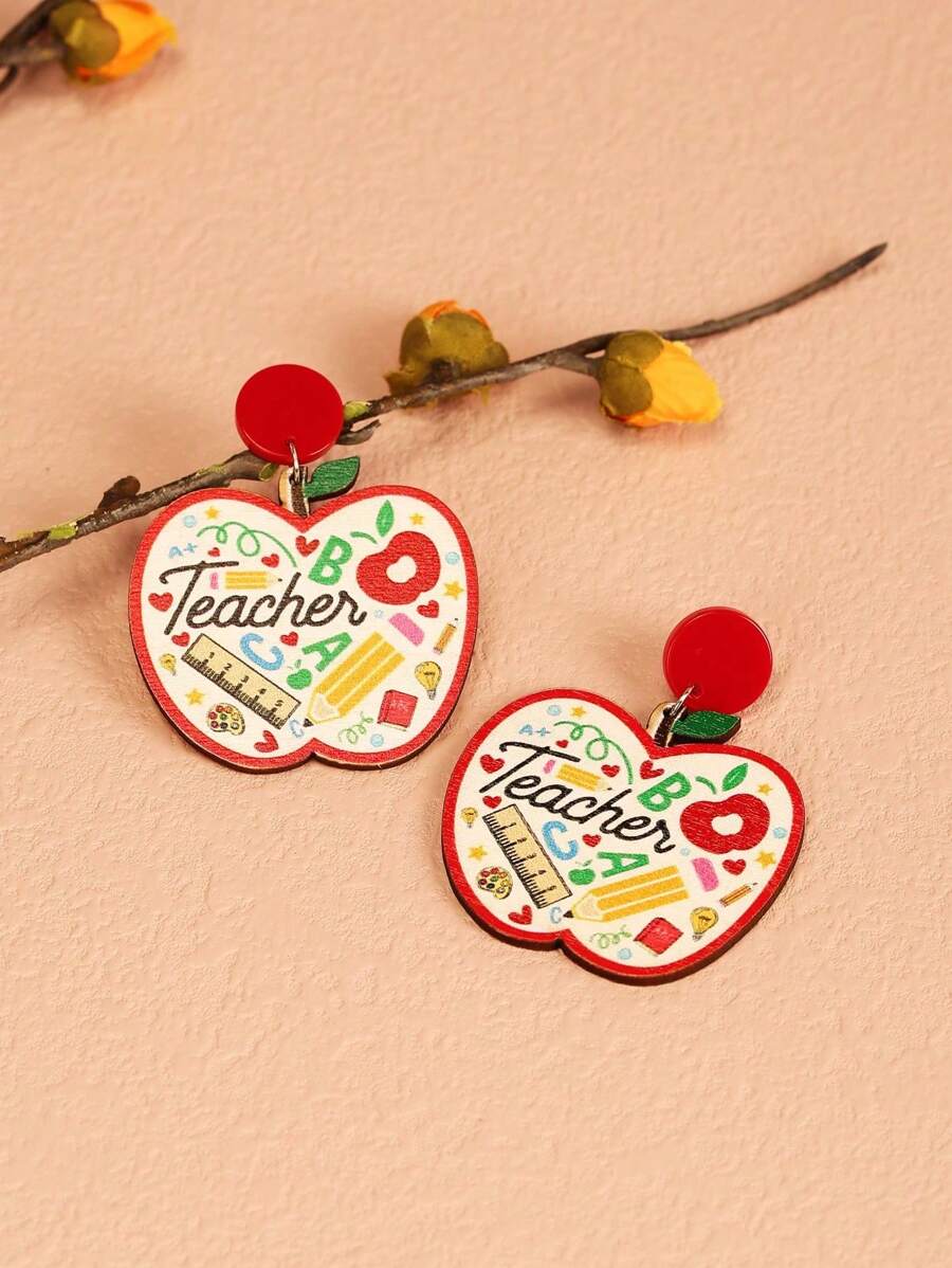 1 Pair Of Red European And American Fashion Pencils, Rulers, Stationery, Wooden Apple Pendants, Earrings, Letters, Teacher Earrings, Earrings, Teacher's Day Back To School Season Earrings, Teacher's Day Back To School Season Earrings