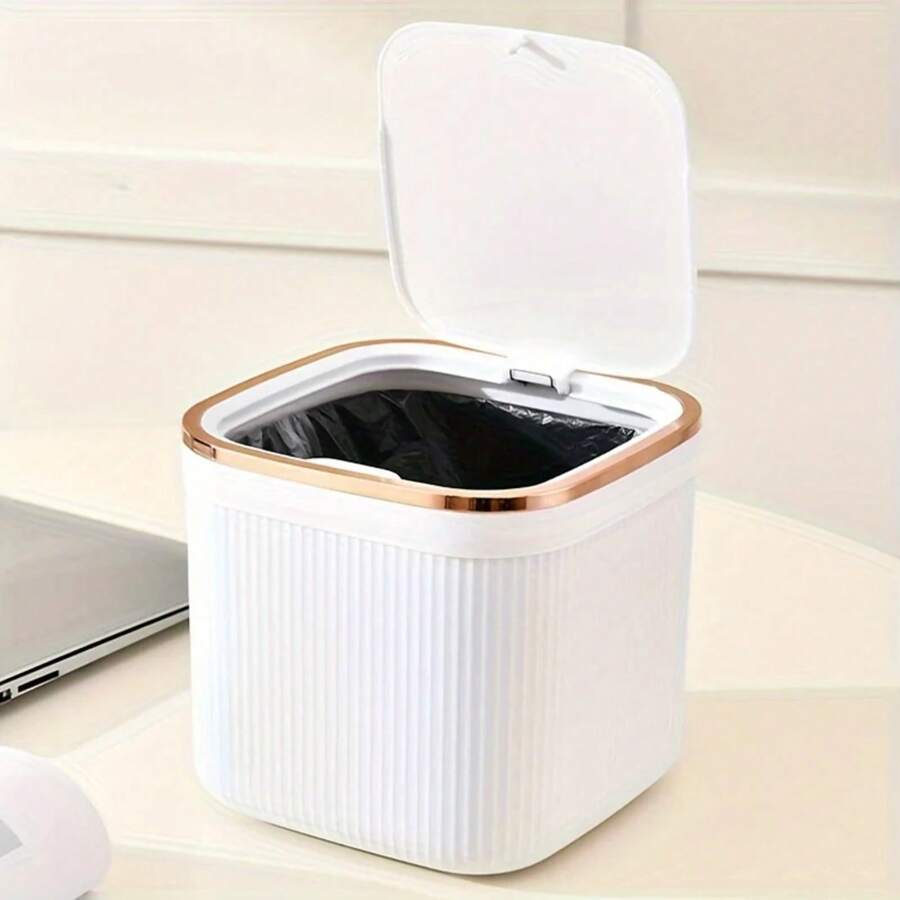 Square Press Type Mini Trash Can Quiet Close Elegant Ribbed Design With Golden Accents Plastic Desktop Bin Bathroom Home Use