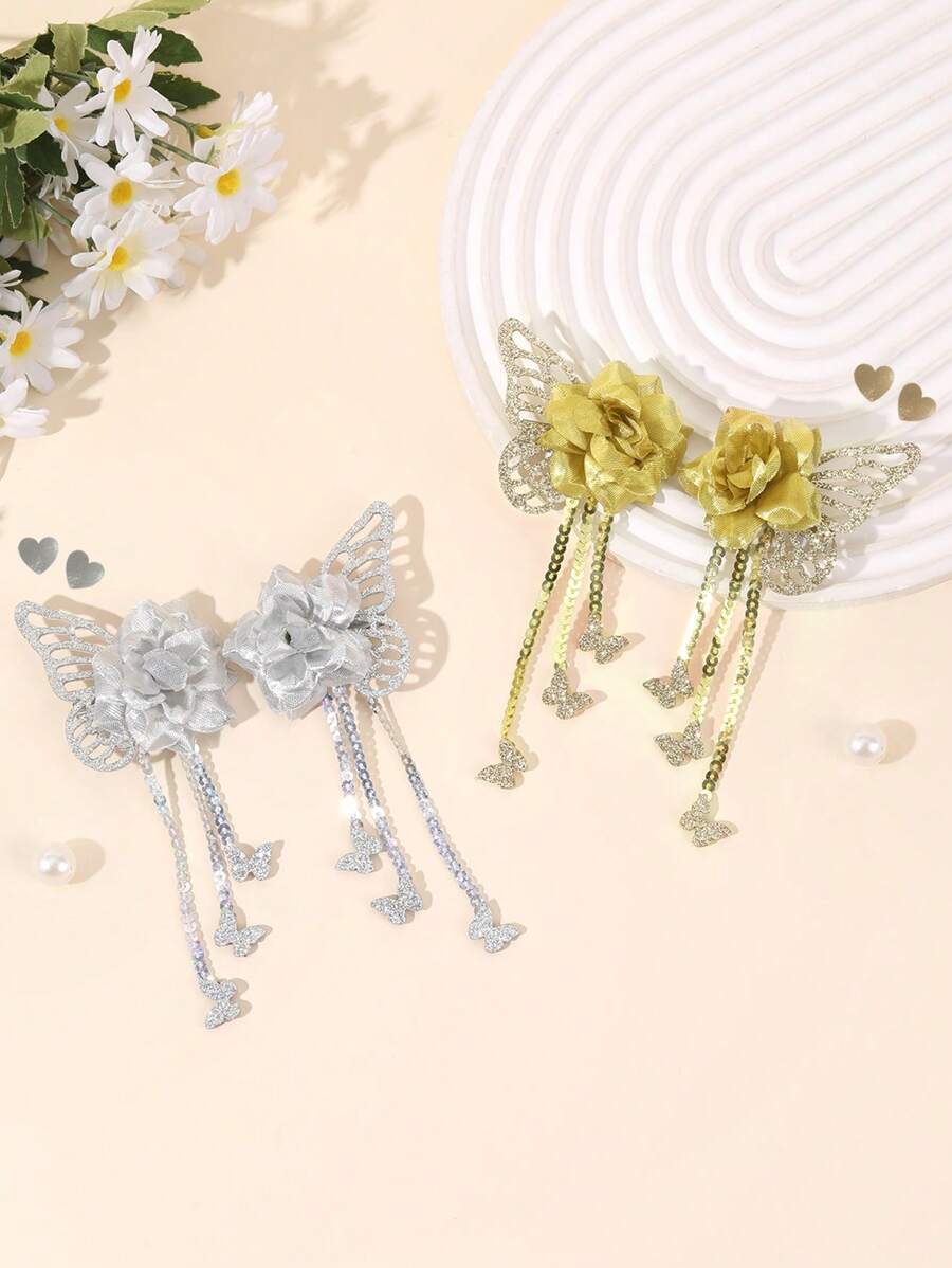 Set de 4 pinzas para el cabello con mariposas de purpurina para niñas, clips de cocodrilo con flores brillantes y purpurina en color plateado/dorado, con mariposas, lentejuelas y borlas, accesorios para el cabello con brillo para fiestas, vacaciones y adolescentes