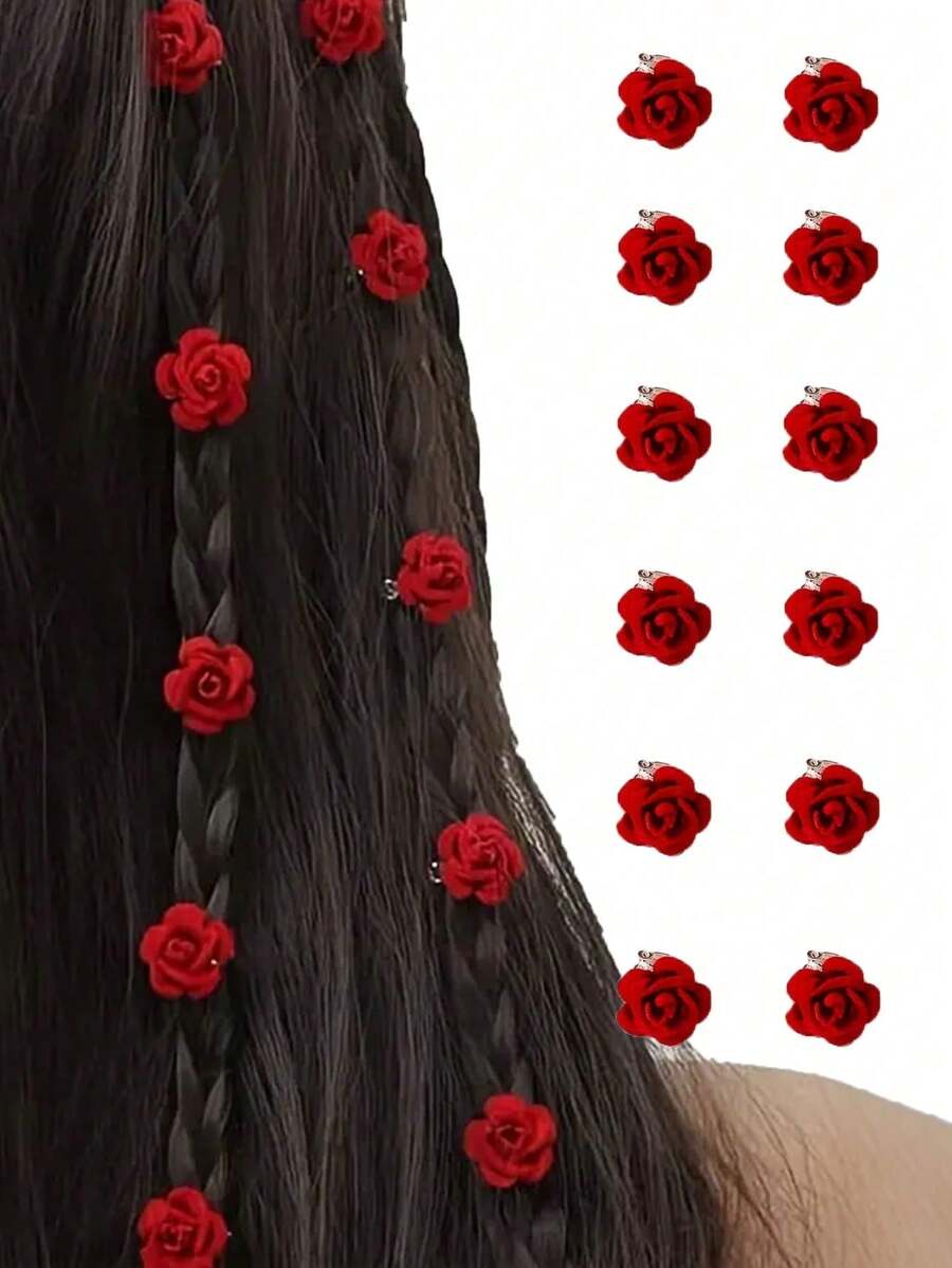 12pc Romantic Red Rose Flower Mini Hair Clips, Princess Side Bangs Clips, Snap Barrettes For Braids, Bridal Wedding Hair Accessories, Ideal Gift For Valentine's Day, Easter, Thanksgiving,Hair Barrettes Claw Clips