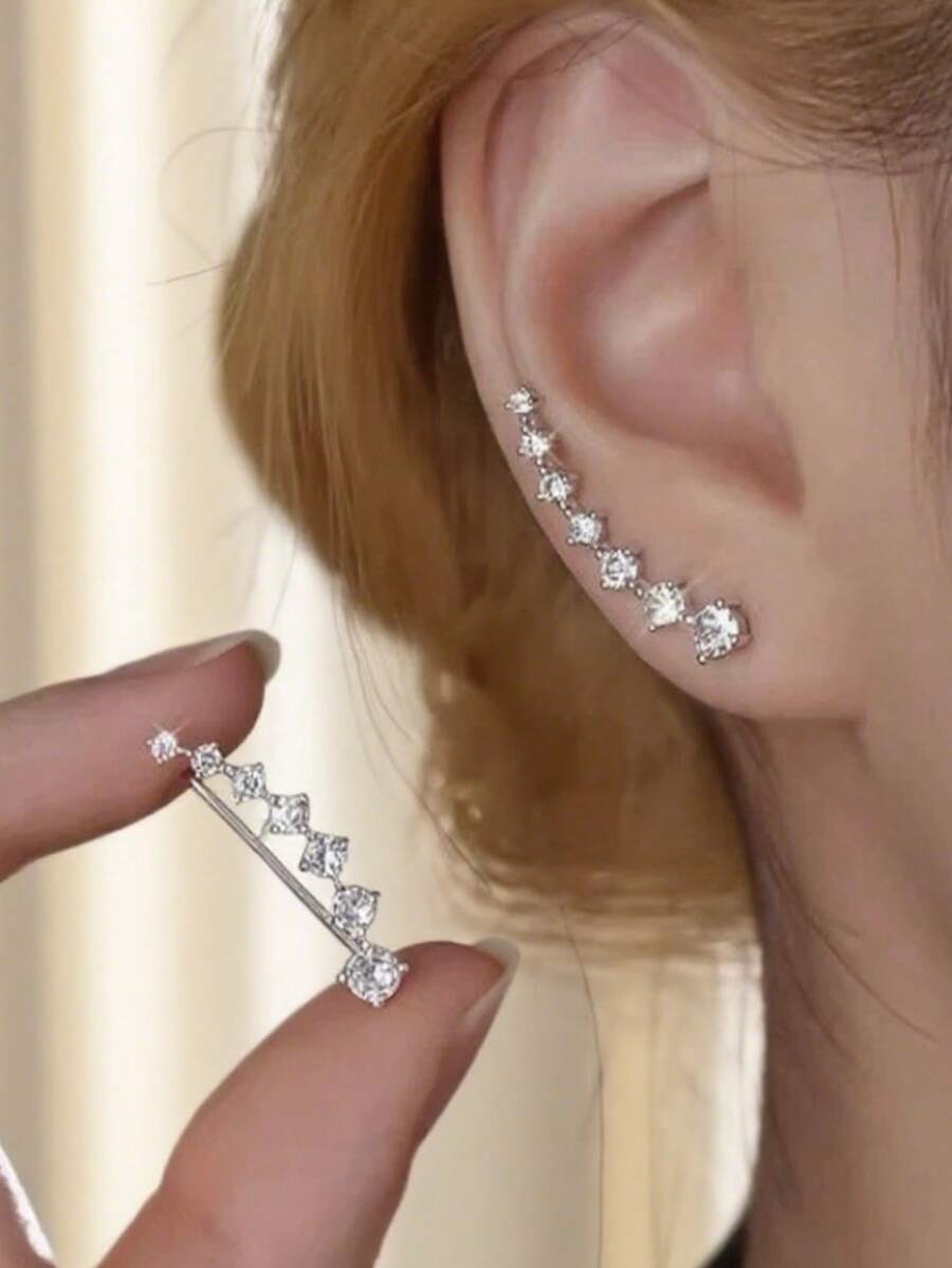 1 Pair Minimalist Single Row 7 Cubic Zirconia Design Women Earrings, Fashionable Summer Date Dress Accessories