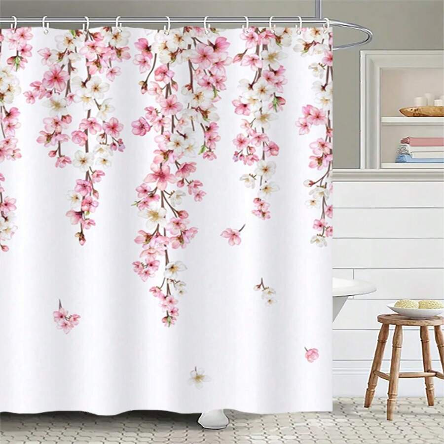 1pc Pink Cherry Blossom Shower Curtain Japanese Sakura Floral Spring Decorative Bath Curtain