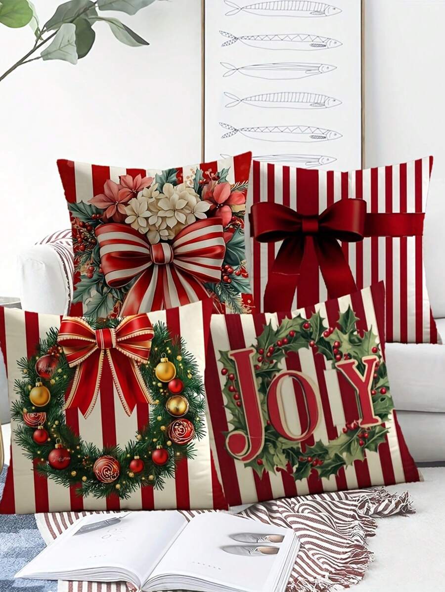 Set de 4 fundas de cojín navideñas - Rayas rojas y blancas con guirnalda, lazo y diseño de letra "Joy" - Perfectas para fiestas navideñas y decoración del hogar, sala de estar, dormitorio - Fundas de cojín de lino de alta gama con cierre de cremallera - Regalo de Navidad ideal (No incluye los insertos de los cojines)