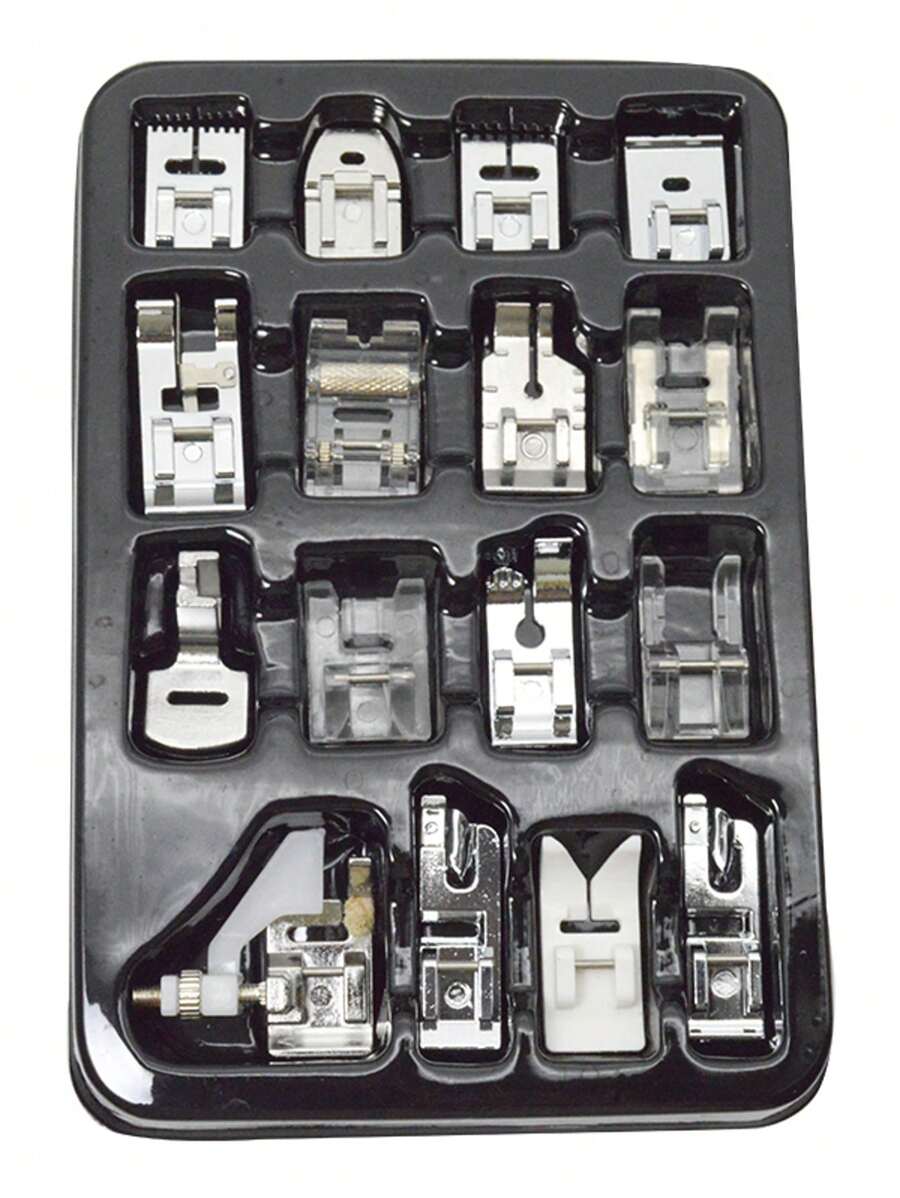 16 Peças Conjunto de Acessórios de Pé Calcador Multifuncional para Máquina de Costura, Inclui Bainha, Encadernador, Botão, Bordado, Pés para Casear, Uso Doméstico