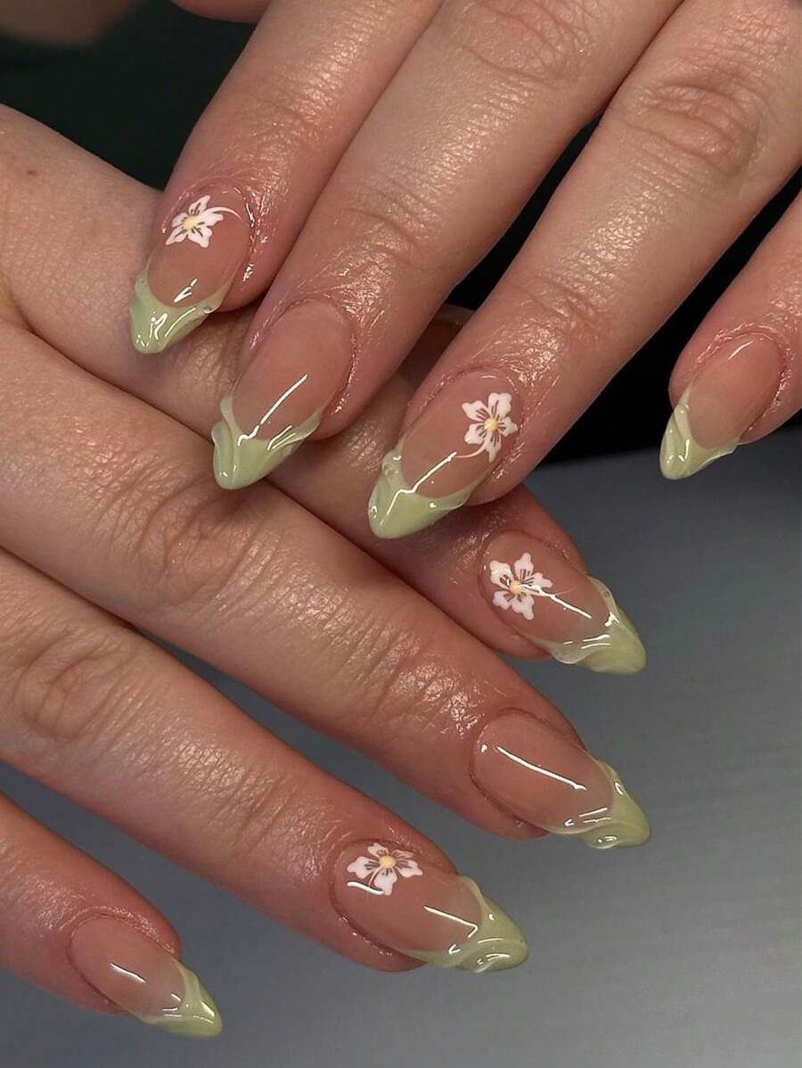 24pcs Minimalist Cute White Flower Green Trim 3D French Almond Shaped Press-On False Nail Set, Suitable For Office Ladies, Daily Wear, Dates, Afternoon Tea, Outings