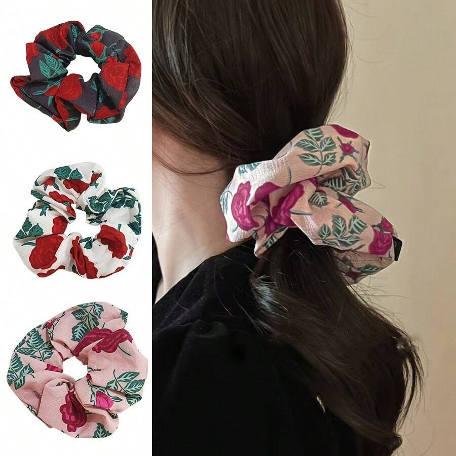 3pcs Women Flower Crown Rose Print Hair Tie, Multicolor Simple & Fresh For Daily Ponytail, Made Of Polyester Fiber, Elegant, Scrunchy Hair Ties, Hair Bobbles