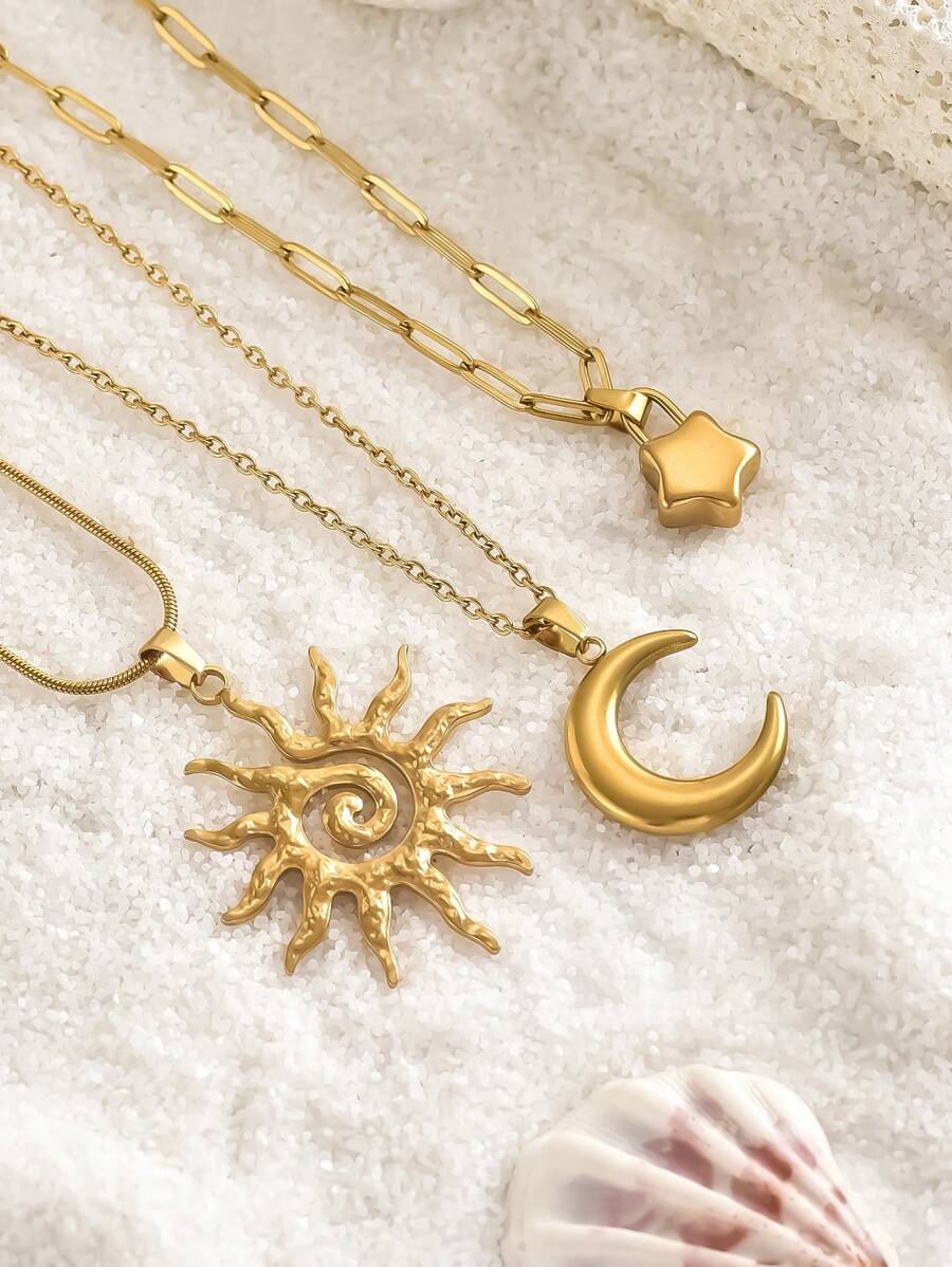 Juego de 1 set de 3 piezas de collares con colgante de sol, luna y estrella chapado en oro de 18k de acero inoxidable, joyería minimalista y elegante para hombres y mujeres