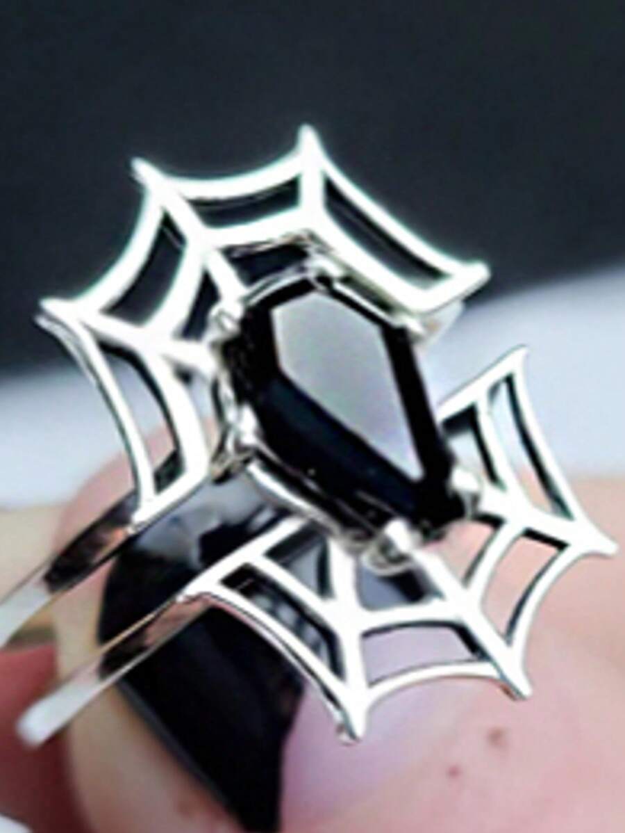 1pc Unique Halloween Spider Web Gemstone Metal Silver Color Ring, Fashionable Size Adjustable Rings Suitable For Outdoor, Party, Halloween Activities