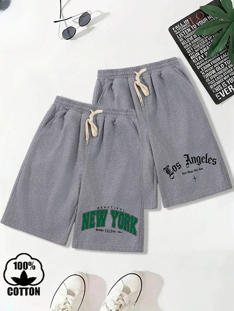 Pantaloncini da uomo in cotone basic, stampa in stile città americana, stile college con blocchi di colore a coste, nuovi pantaloncini da uomo morbidi e traspiranti, primavera ed estate, set da due pezzi grigio floreale.