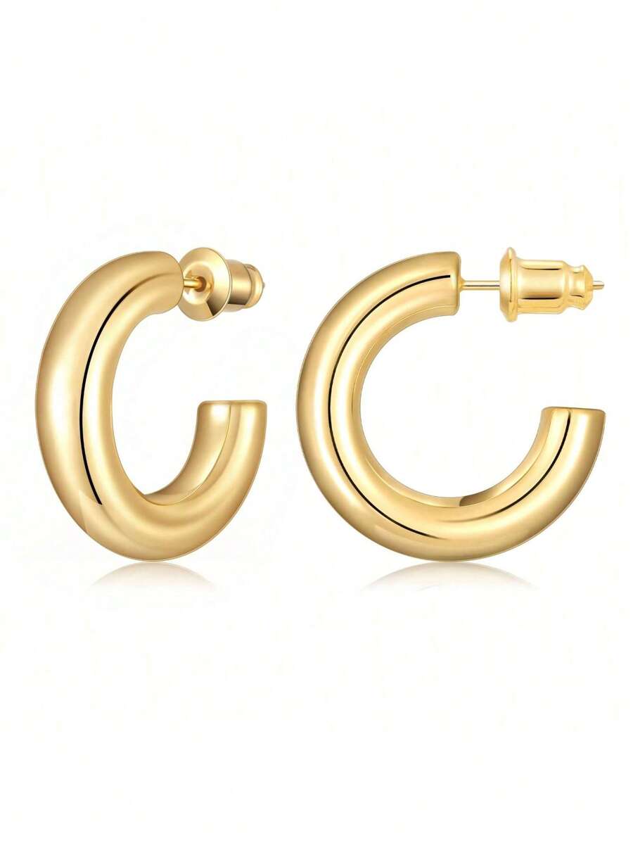 1 Pair Women's Thick Gold Hoop Earrings, Stainless Steel Cylindrical Gold Hoops
