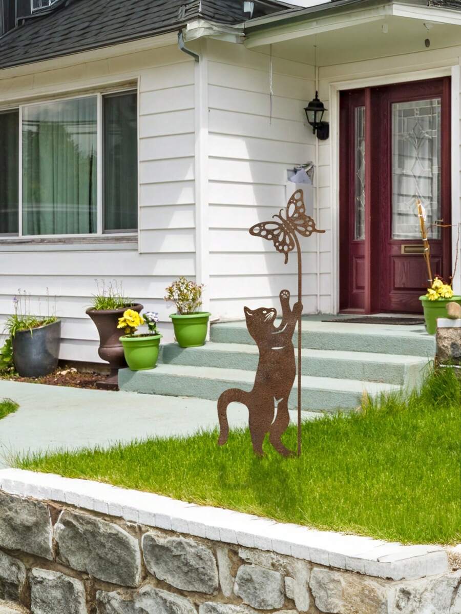 1 pieza Estaca de metal oxidado con forma de gato para el jardín, decoración de gato de metal envejecido para exteriores, ornamento para el patio o el césped para amantes de los gatos