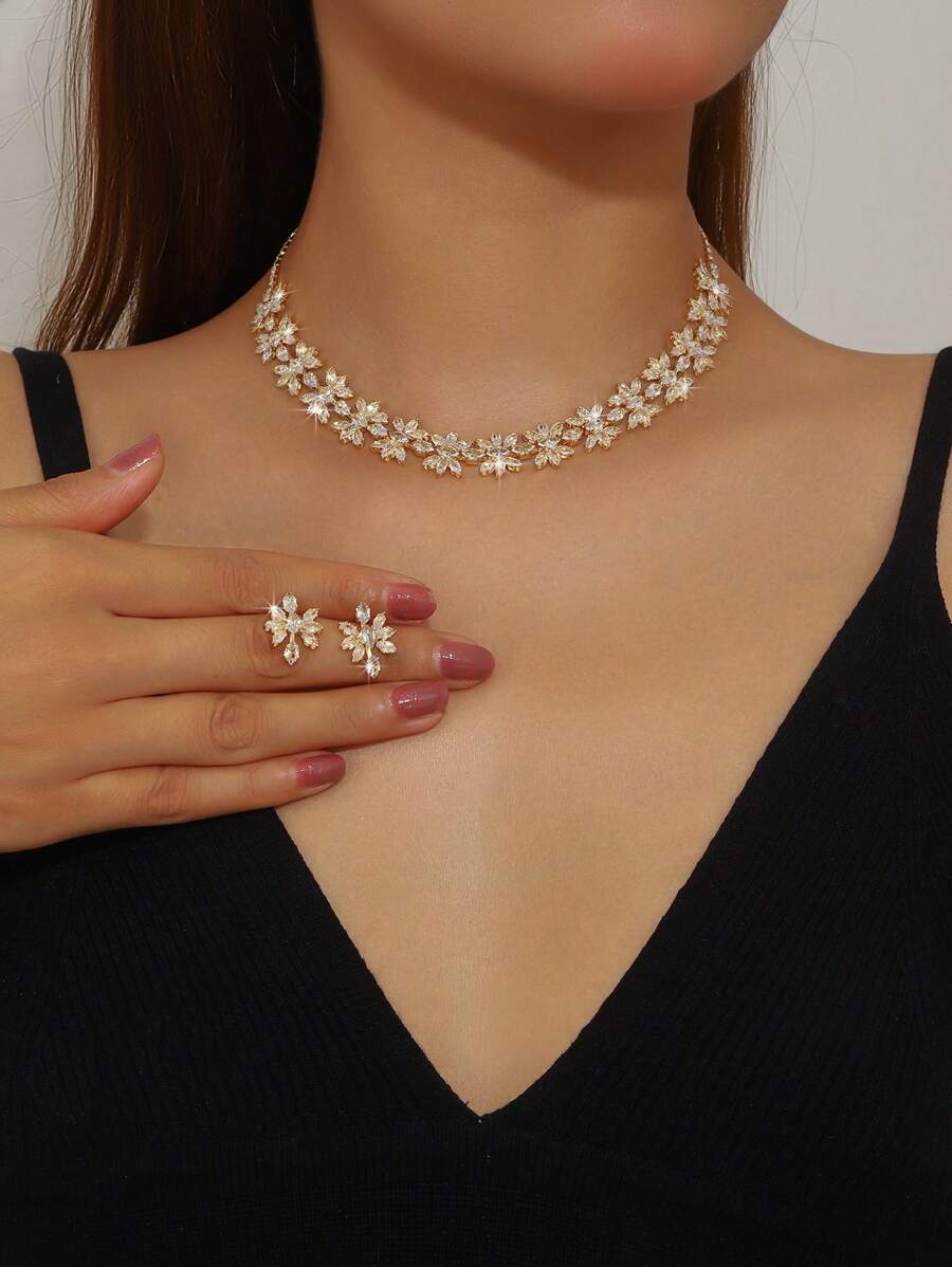 Women's Luxury Jewelry Set, Gold Rhinestone Necklace + Earrings, Fashionable & Elegant, Best Accessory For Weddings, Galas, Parties, And Everyday Wear