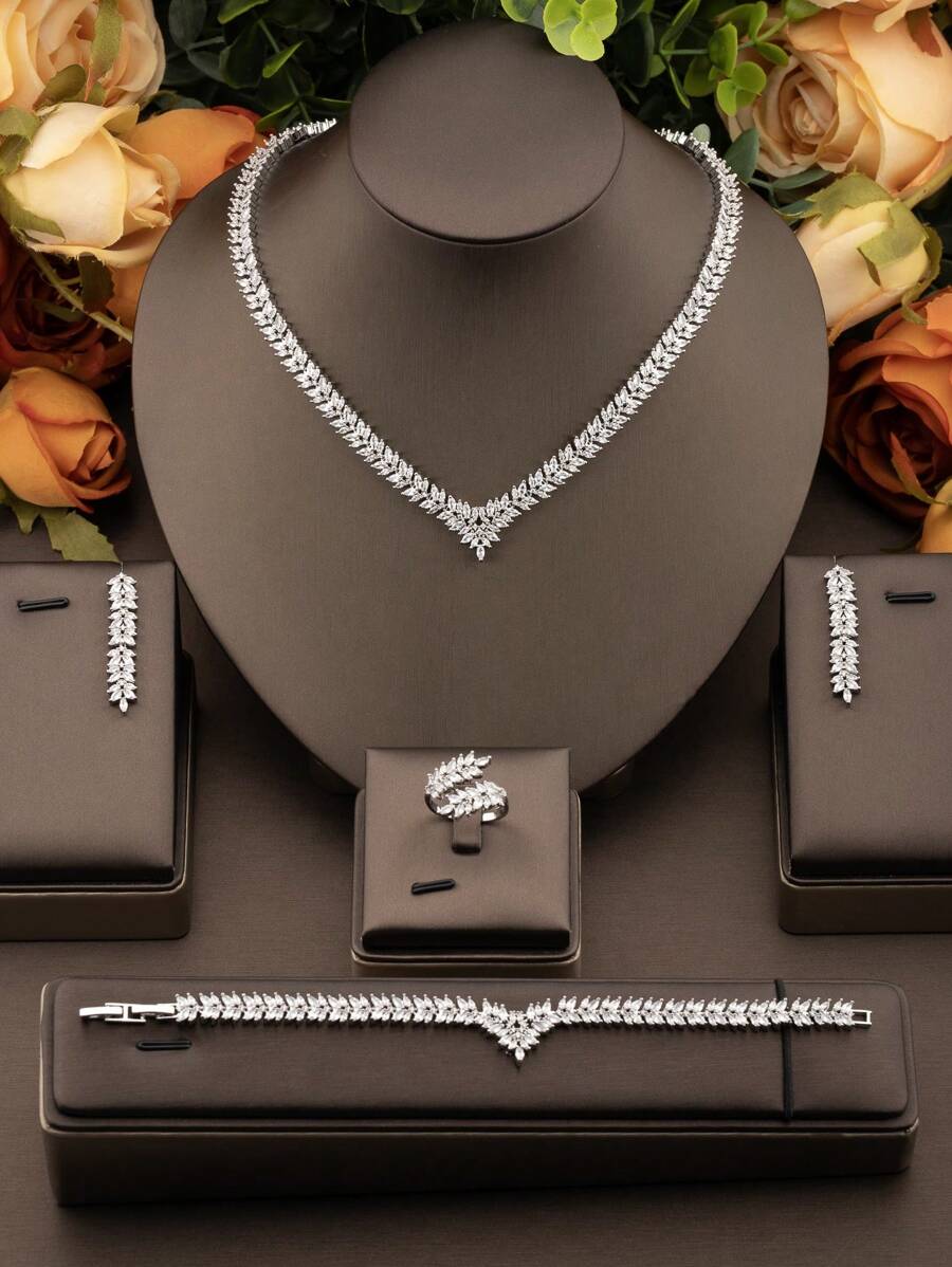 1 conjunto de joias luxuosas e elegantes com zircônia cúbica e decote em V, design de trigo, adequado para casamentos femininos e uso diário, incluindo 1 par de brincos, 1 colar, 1 pulseira, 1 anel (exceto caixa de presente)