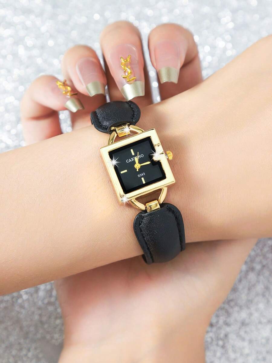 CARYINO CARYINO 1pc Black & Gold Dual-Tone Classic Fashion Women's Square Wrist Watch, G-Shaped Face, Vintage Leather & Steel Strap - Detachable, Women's Chain, High-End Style Suitable For Daily Matching, Party, Banquet