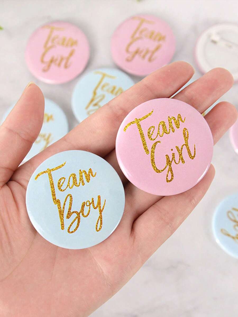 20 piezas de insignias decorativas para el evento de revelación de género de la boda, accesorios para fiestas, elementos de juego, decoraciones, decoraciones para fiestas y insignias de celebración, en colores rosa y azul, insignias redondas de hojalata con impresión, insignias creativas