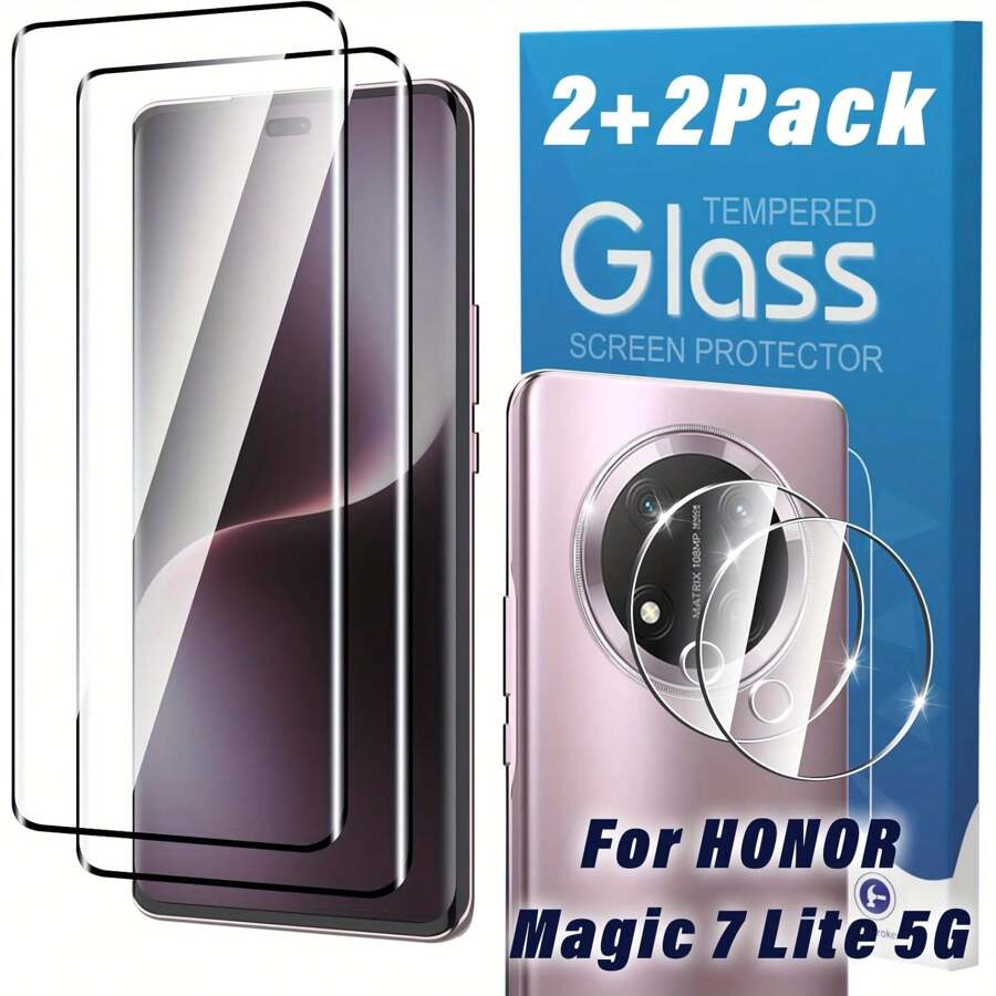 2+2 Stück Bildschirmschutz und Kameralinsen-Schutz für Honor Magic 7 Pro 5G/Magic 7 Lite/Magic 7, klarer HD-Curved-Vollabdeckung Panzerglas-Schutzfilm, frei von Blasen, speziell für die Honor Magic 7 Serie