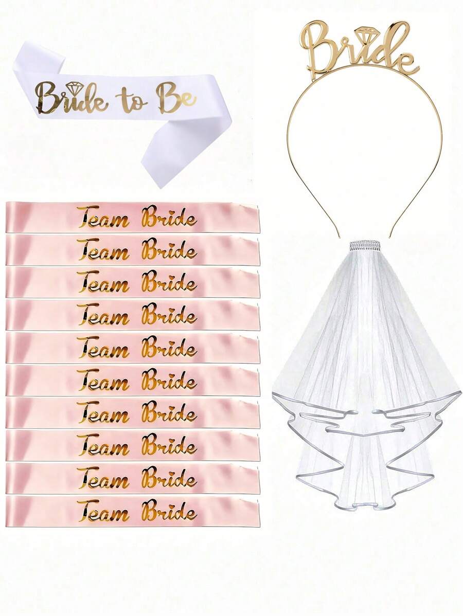 3 Piecesset / 13-Piece Set Teambride And Bride To Be Sash And Veil, Hen Party Accessories With Tiara Bride To Be Sash Bride Headband For Bridal Shower, Rose Gold Wedding Hen Do Decorations For Bride Bachelorette Hen Night Party Games