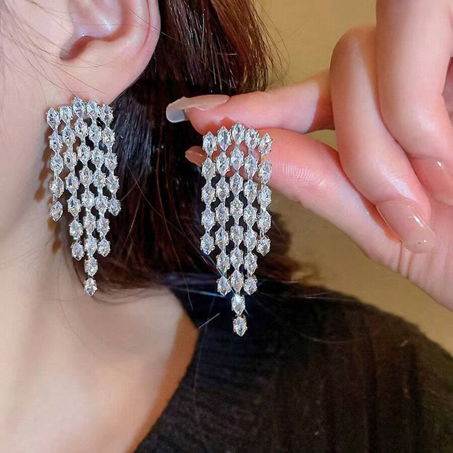 1 Pair Elegant Alloy Rhinestone Tassel Long Earrings, Suitable For Women's Party And Daily Wear
