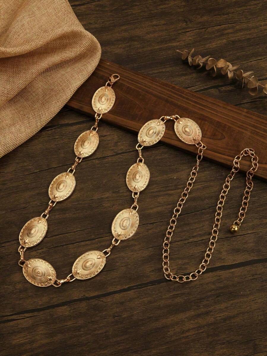 EP Plus Size 1pc BOHO Women Metal Carved Oval Gold Chain Waist Belt, Suitable For Dresses, Beach Vacation, Party, Music Festival, Holiday Gift, Easter, Oversized XXL School