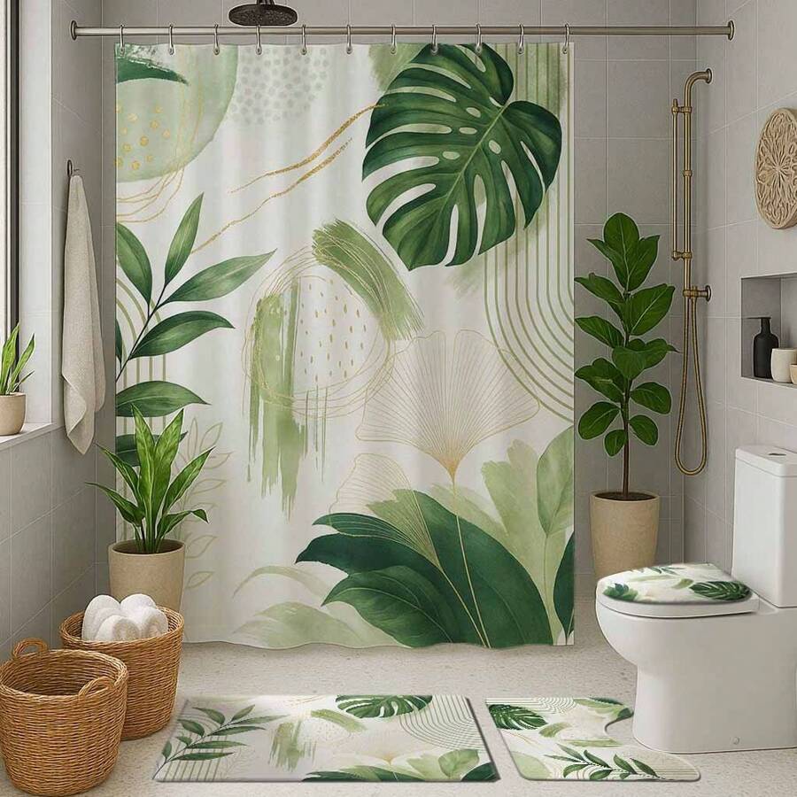 1/4 piezas Conjunto de cortina de ducha con temática verde lavanda de estilo bohemio, hecho de poliéster, resistente al agua, decoración de baño, fácil de limpiar, con ganchos para la ducha, cortina, sombreado, baño, división del baño, lavable a máquina