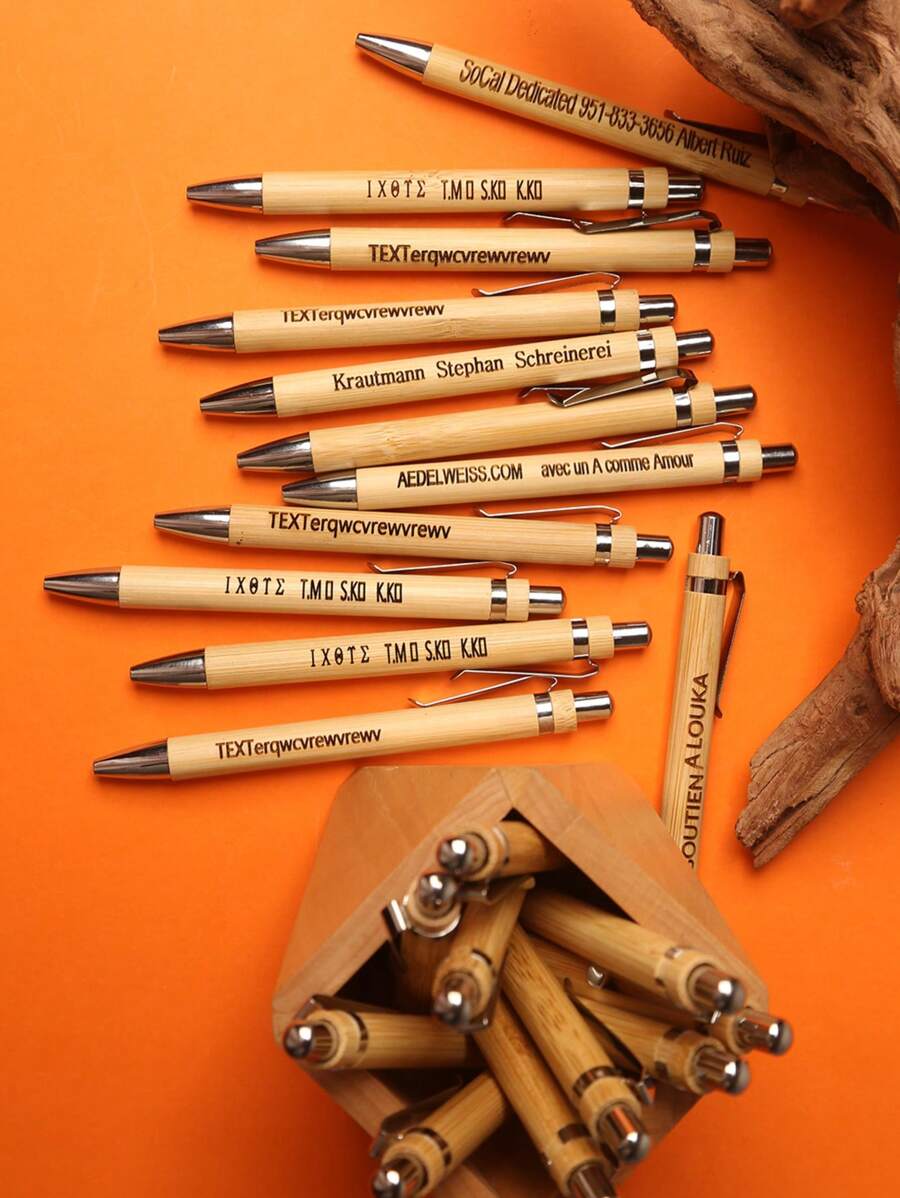 100pcs Customizable Retractable Bamboo Ball Pens - Personalized Engraving, Medium Black Ink, High Quality Smooth Writing, Suitable For Office, Events, Gifts And Art Projects, Stationery