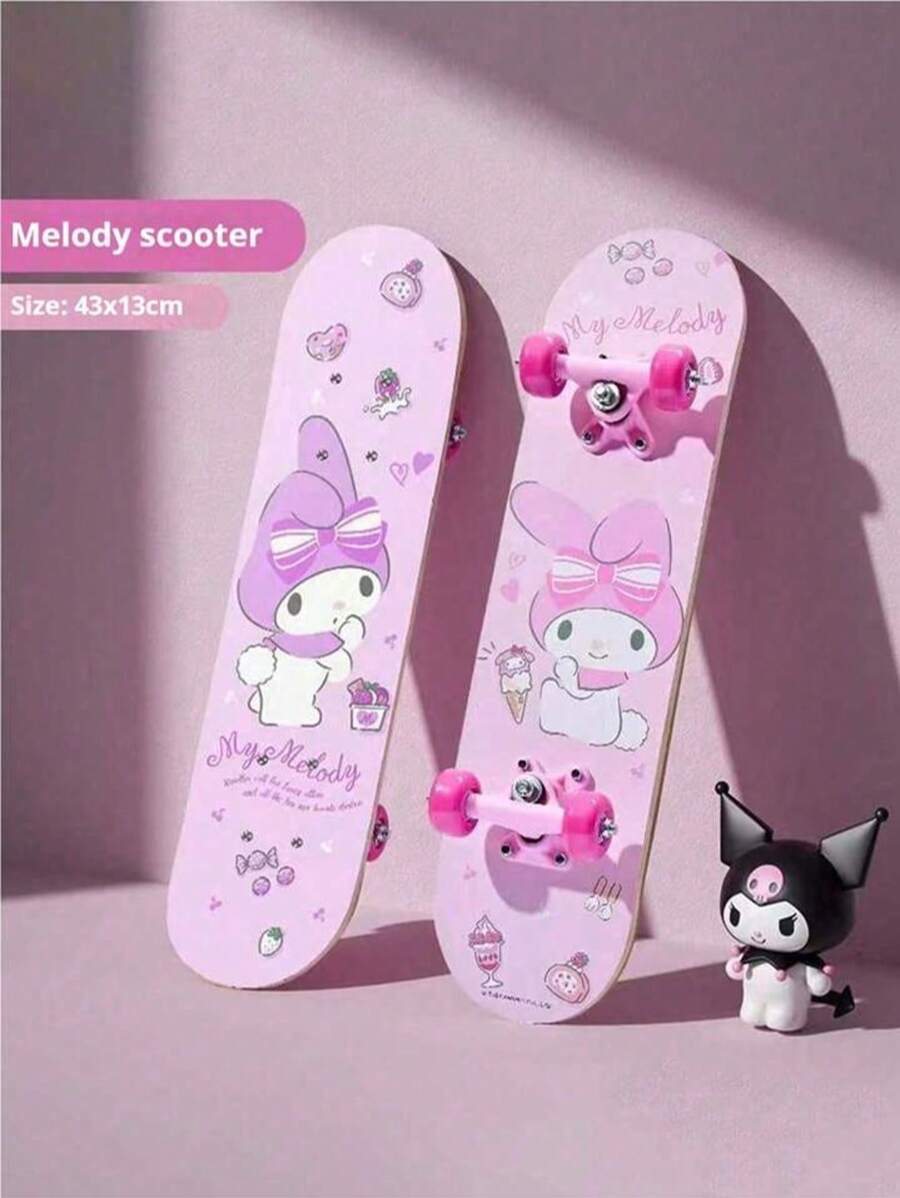 Sanrio 1pc Authentic Sanrio Licensed Skateboard For Boys & Girls, 4-Wheel Double-Kicktail Skateboard With High Elastic Wheels, Suitable For Beginners