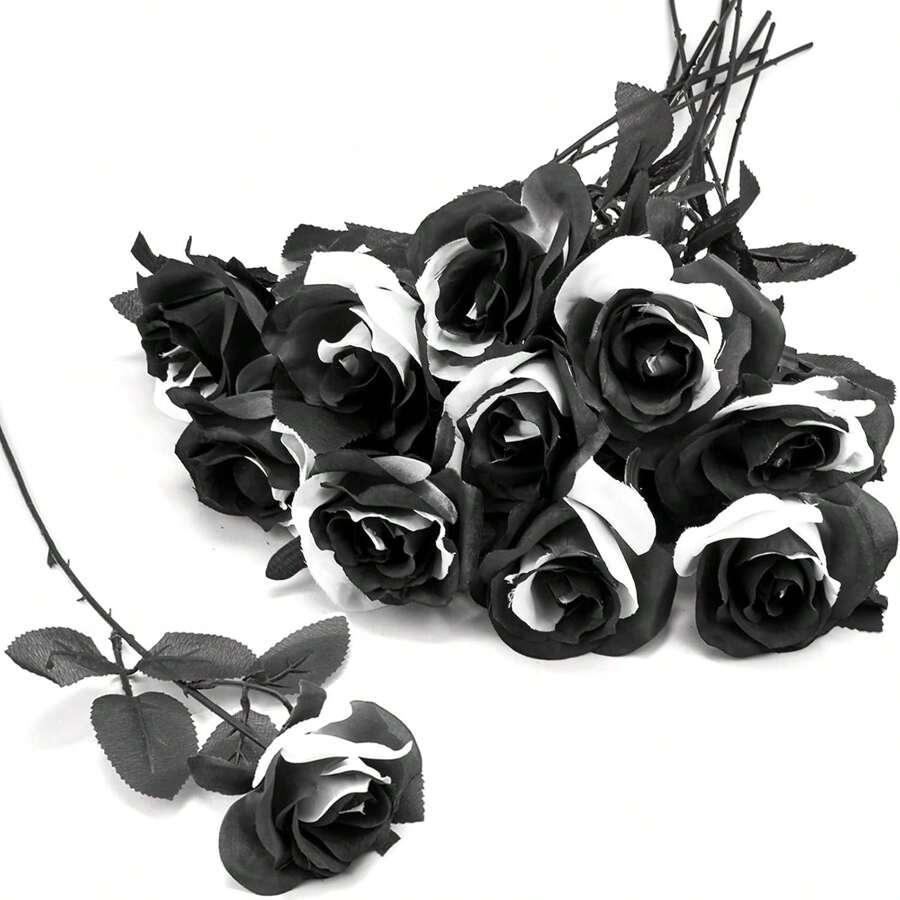 Set de 5 ramos de rosas artificiales blancas y negras, flores falsas de plástico góticas para boda, decoración de Halloween, tallos de rosas realistas para exhibición en el hogar u oficina
