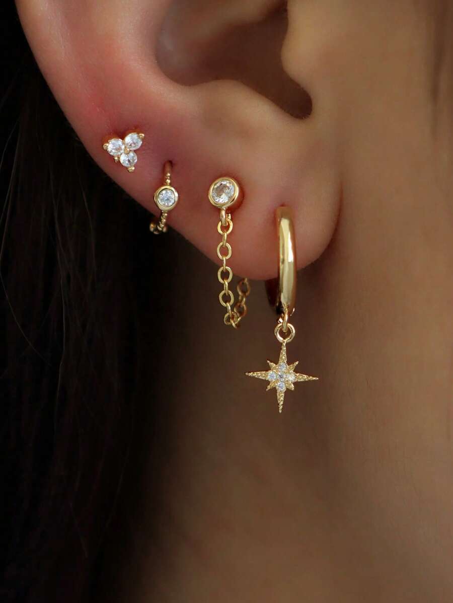 4 Stücke/Set zierliche Ohrringe mit kubischem Zirkonia in Gold, mit Stern-, Kleeblatt- und Kettendesign, Creolen/Ohrstecker für Frauen, perfekt für täglichen Chic und funkelnde Partys